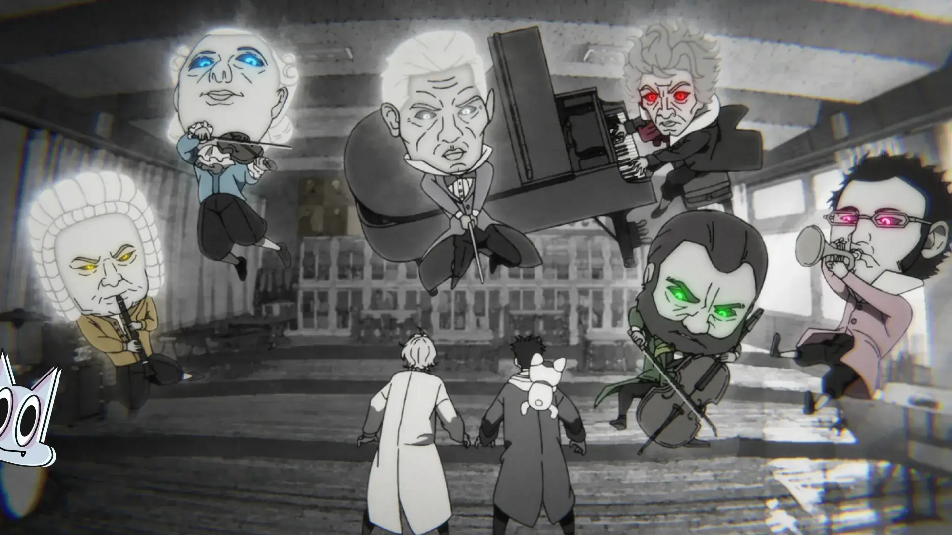 A Vovó Turbo com uma expressão determinada diante de Okarun e Aira, na análise do episódio 7 da 2ª temporada de Dan Da Dan.