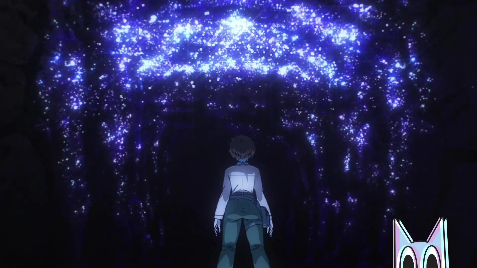 Ruri e Nagi maravilhadas dentro da caverna fluorescente de fluorita, em uma cena do episódio 3 de Ruri Rocks.