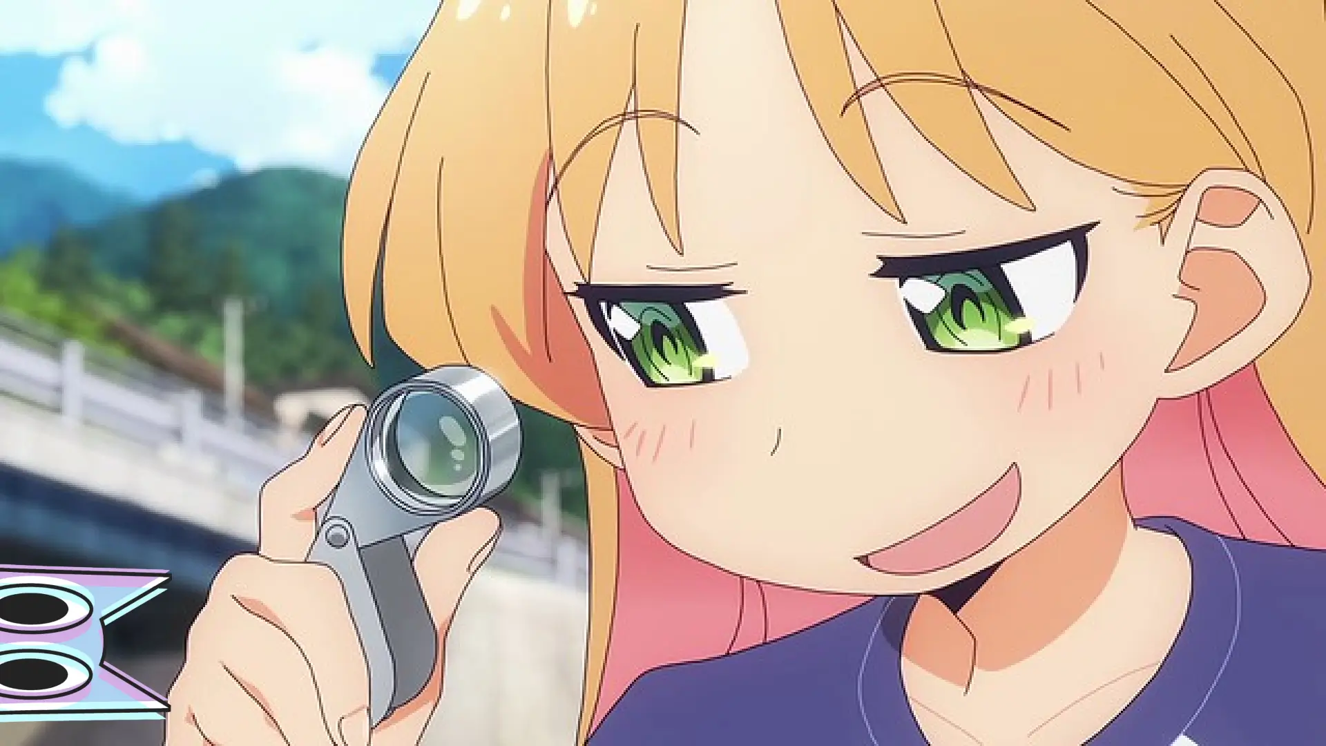 Ruri e Nagi peneirando areia em um rio, focadas na busca por safiras, em uma cena do episódio 4 de Ruri Rocks.