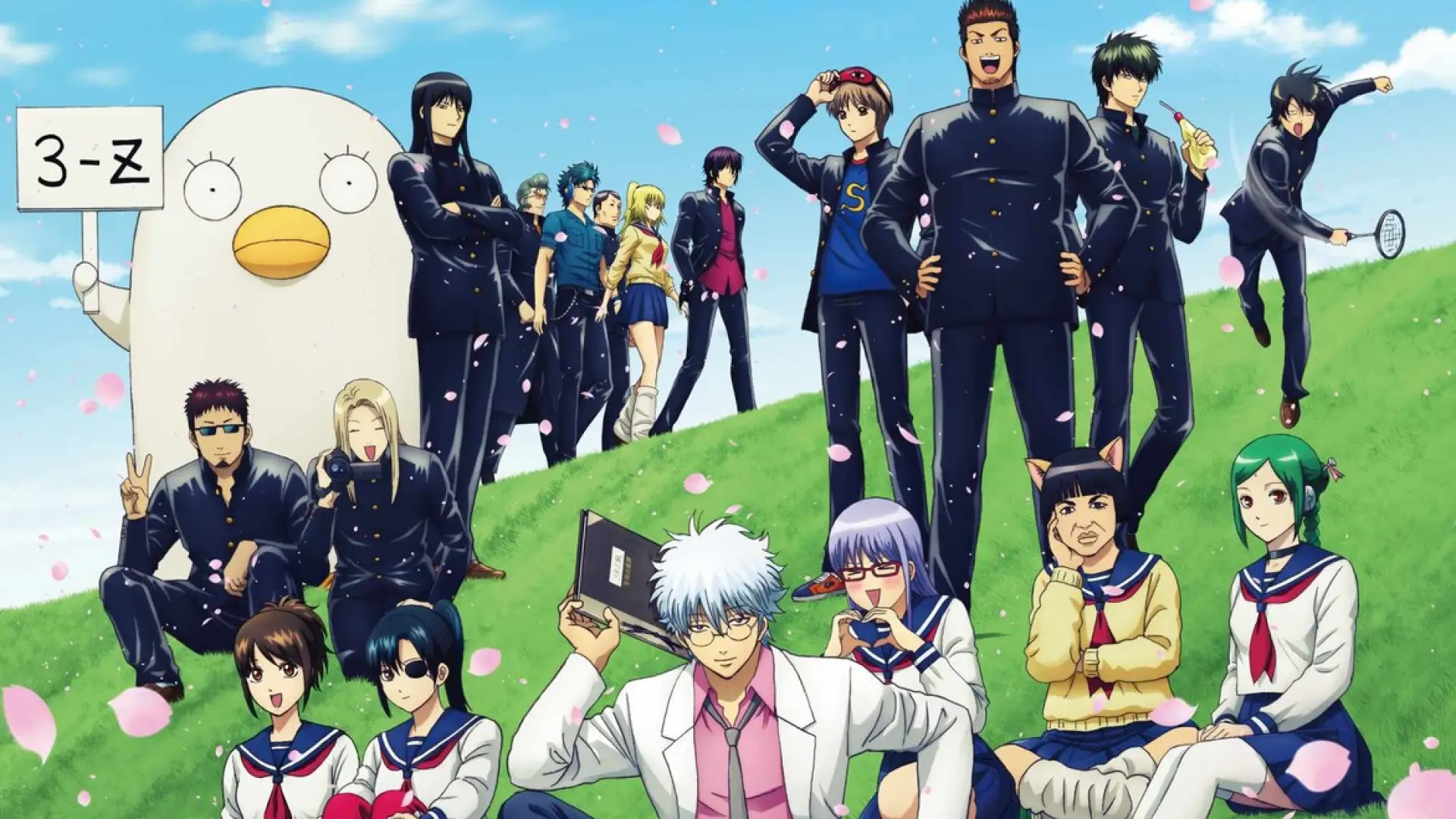 Ginpachi-sensei e seus alunos da Classe 3Z em uma pose caótica no pôster oficial do novo anime de Gintama.