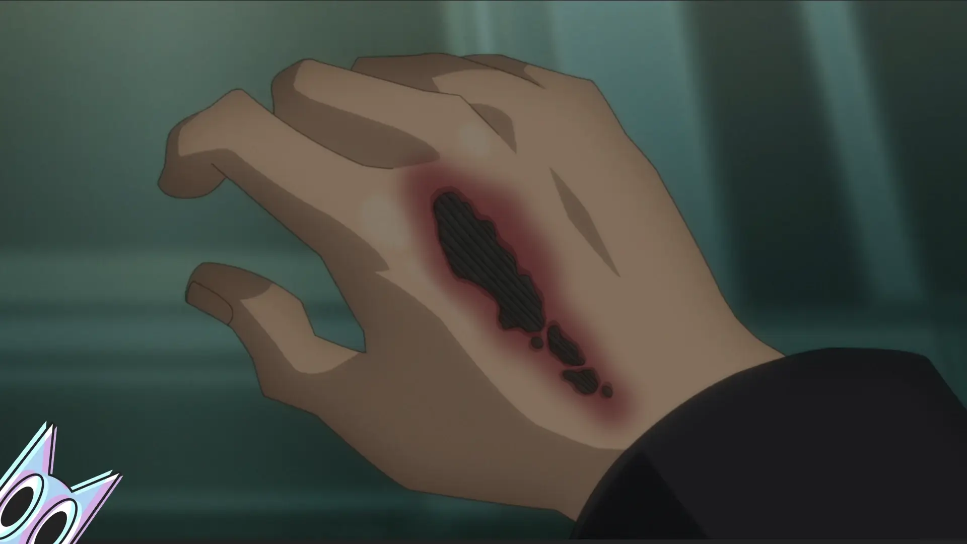 Kafka Hibino olhando para sua mão com a ferida que não se cura, simbolizando sua doença de kaiju, na análise do episódio 5.