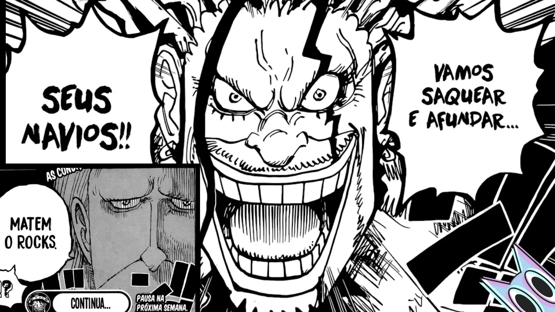 Uma montagem Com Rocks D. Xebec e o Gorosei São Marcus Mars, declarando ataque, na análise do capítulo 1157 de One Piece.