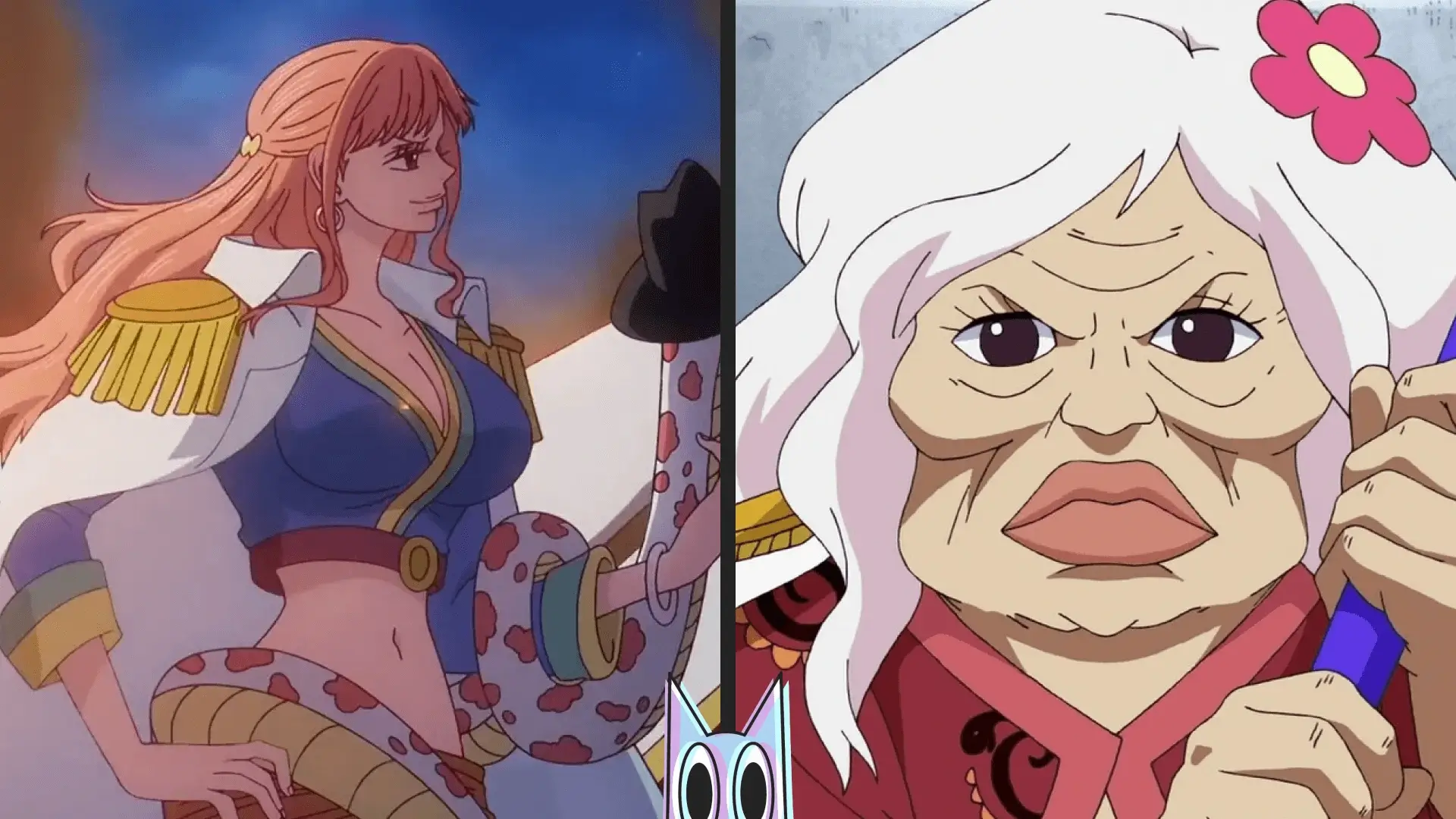 Montagem mostrando a jovem Gloriosa como capitã Kuja e sua versão atual como a anciã Vovó Nyon, em um guia da personagem de One Piece.