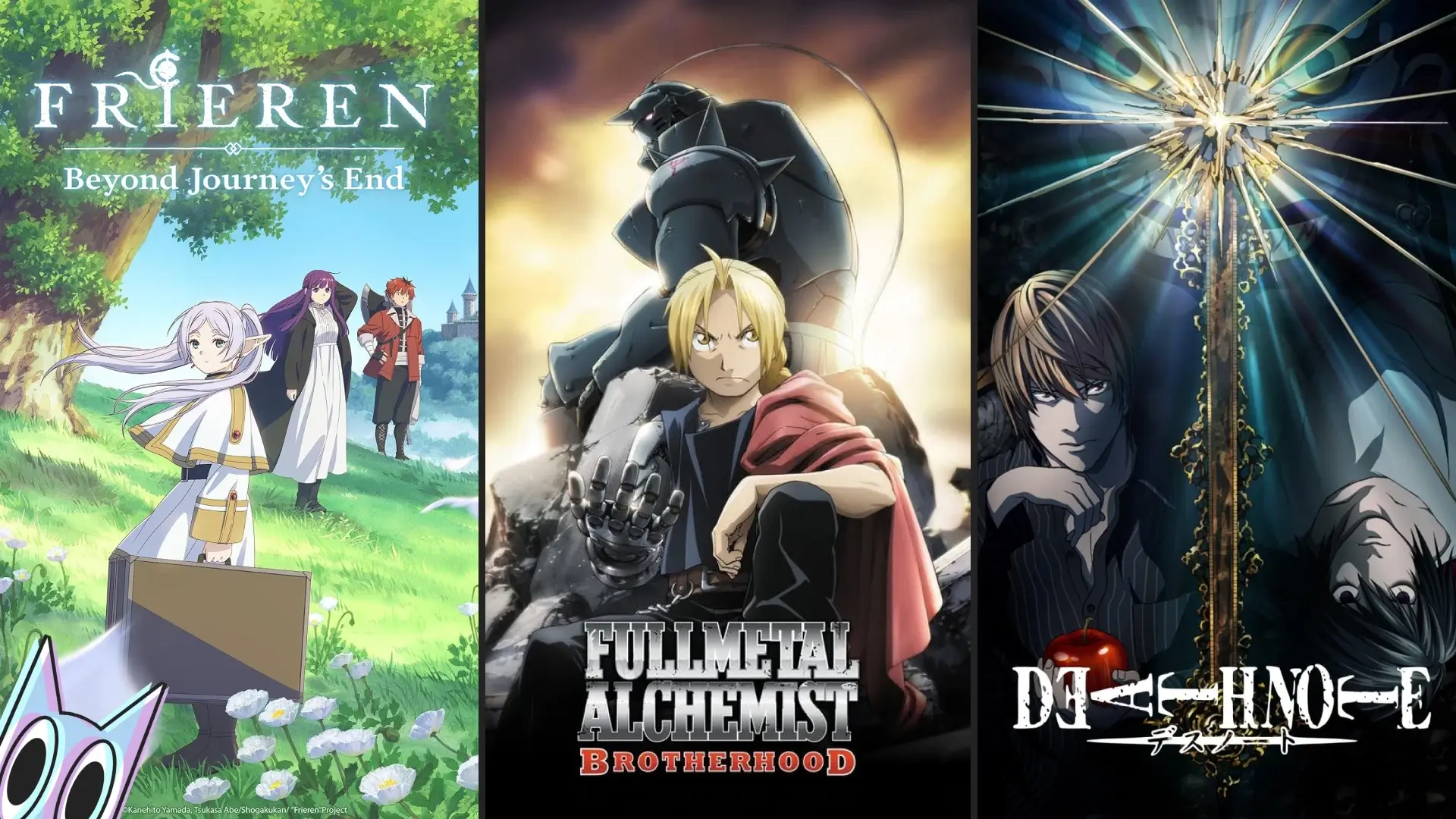 Montagem com os pôsteres dos 10 melhores animes da Netflix em 2025, como Fullmetal Alchemist, Frieren e Death Note.
