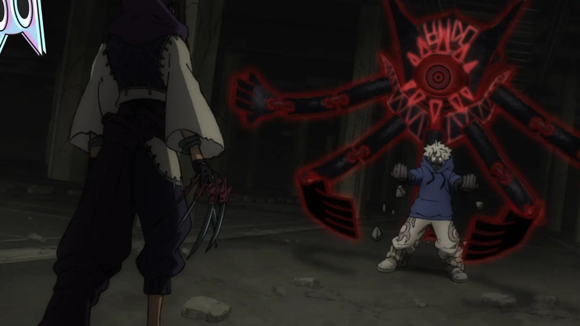 Rudo despertando seu novo poder, com o amuleto de Gris brilhando, para lutar contra Jabber Wonger na análise do episódio 6 de Gachiakuta.