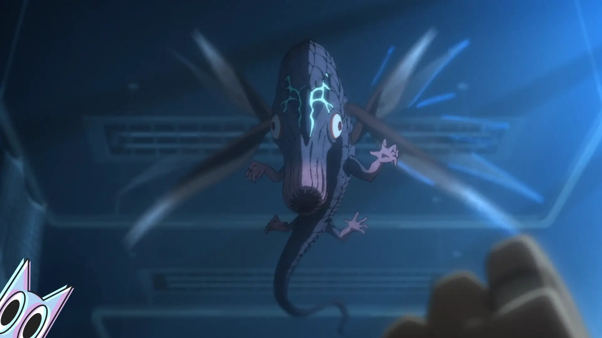 A larva misteriosa de Kaiju No. 8 voando em direção a um Kafka Hibino chocado, em um guia sobre a origem de seu poder.