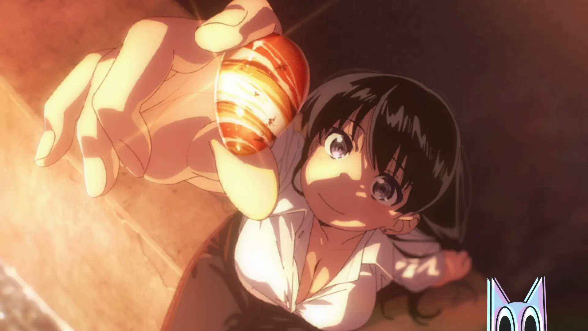 O trio de Ruri Rocks - Ruri, Nagi e Imari - celebrando uma descoberta na praia, em uma cena do episódio 5.