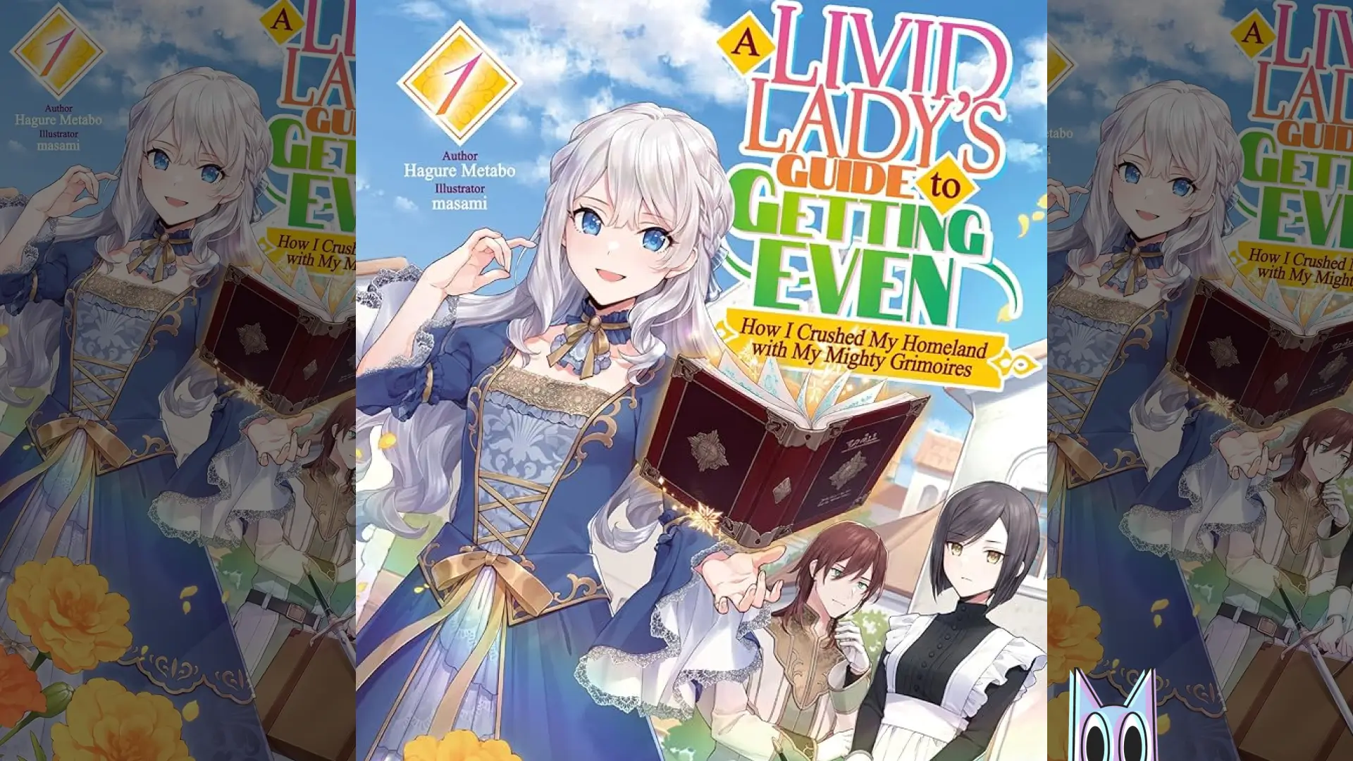 A Dama Furiosa protagonista, segurando seus grimórios, com seu antigo reino destruído ao fundo, no pôster do anime.