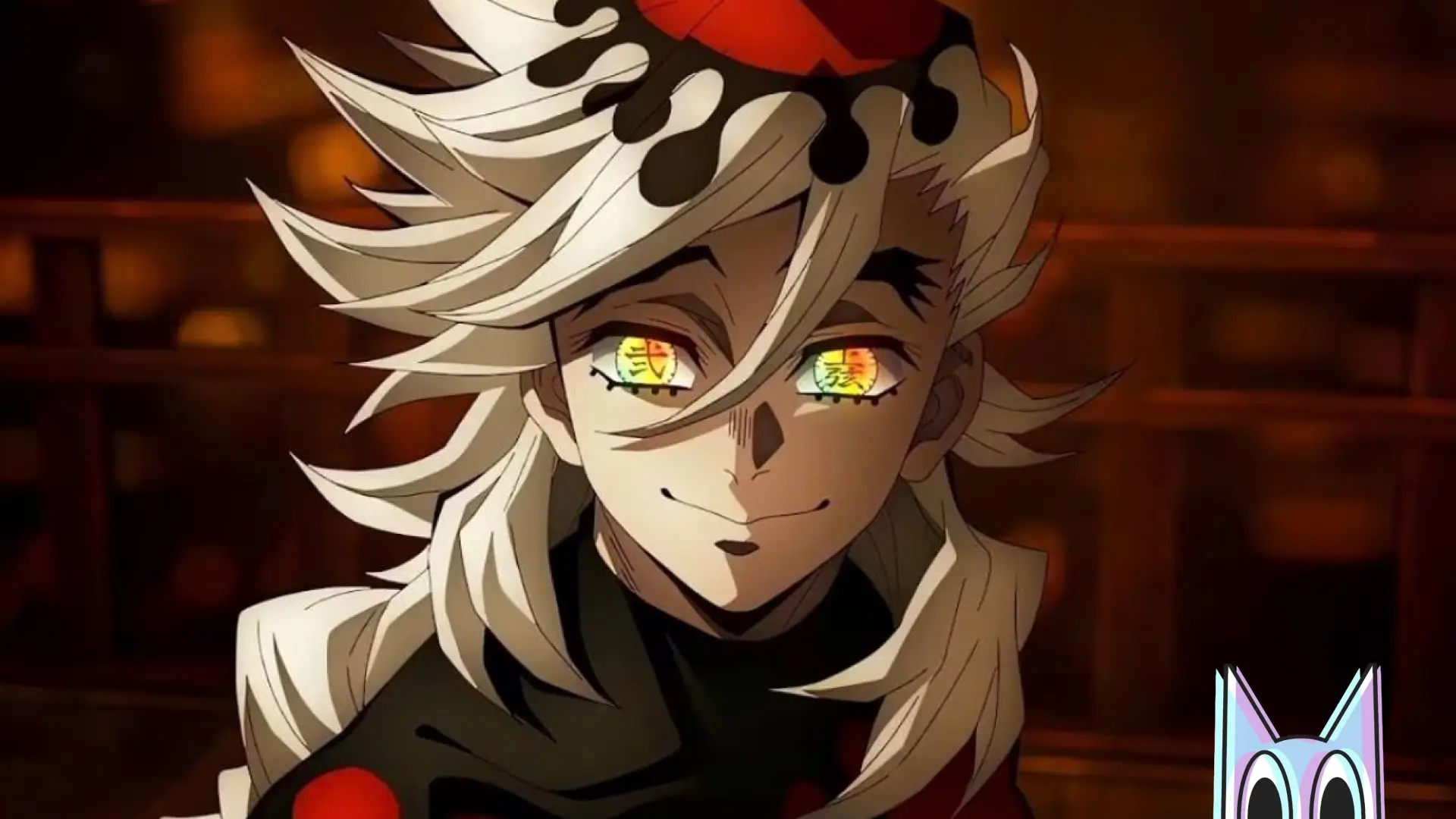 Doma, o Lua Superior 2, com seu sorriso sádico e leques dourados, em uma arte do anime Demon Slayer.