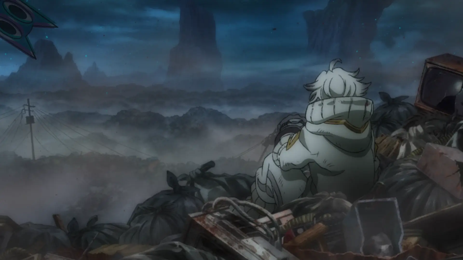 Rudo olhando a paisagem desolada do Abismo em Gachiakuta, com lixo por toda parte, em um guia sobre o mundo da série.