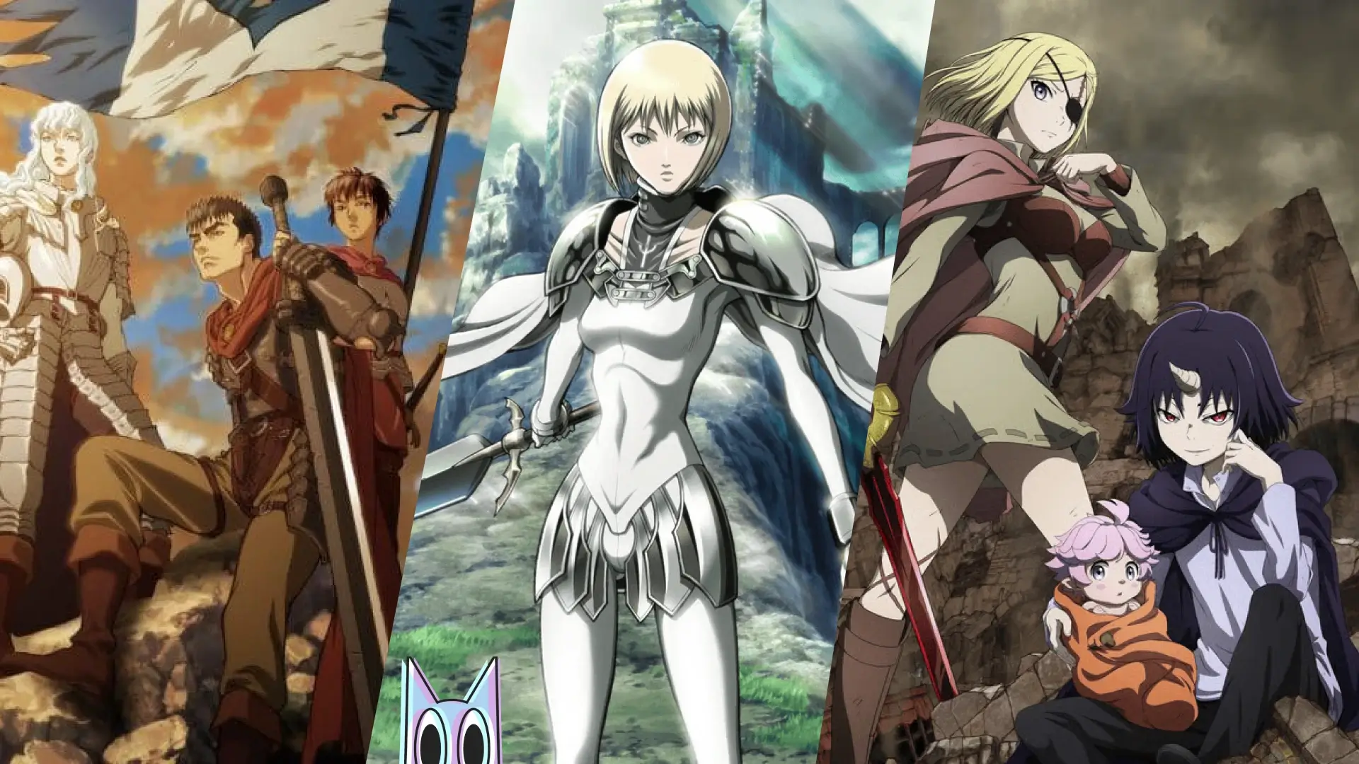 Montagem com os protagonistas dos animes da lista de fantasia sombria, como Guts de Berserk e Clare de Claymore e Clen de Clevatess.