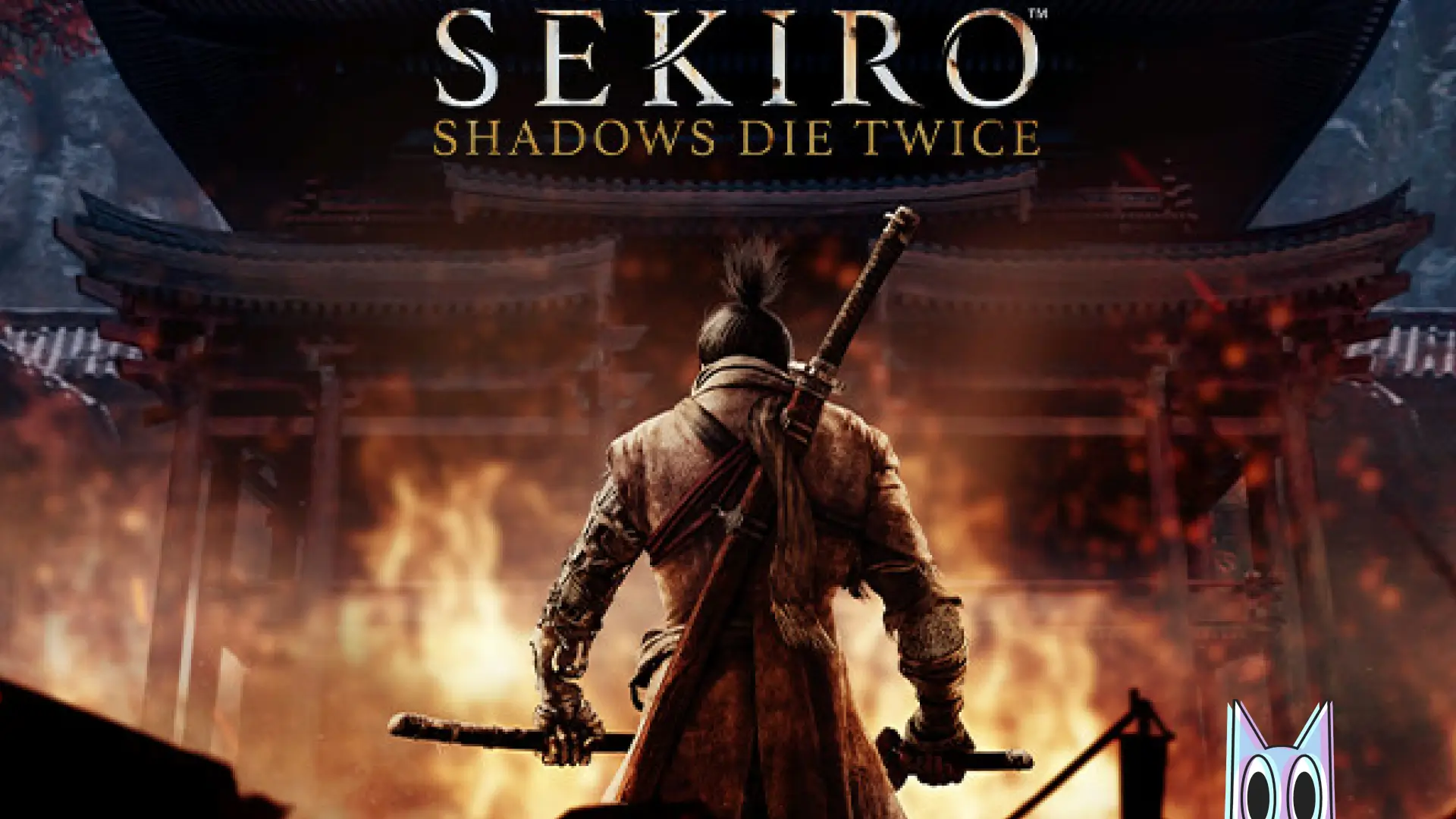 O protagonista Wolf em uma pose de combate icônica, com sua katana e prótese shinobi, na arte do jogo Sekiro: Shadows Die Twice.
