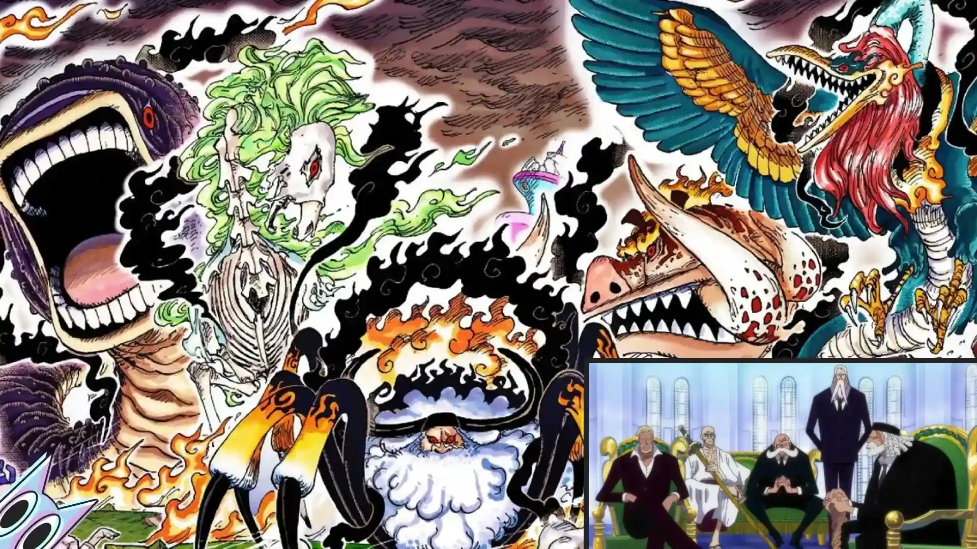 Os Cinco Anciãos (Gorosei) em suas formas demoníacas (yokai) comparadas as formas humanas, em um guia completo sobre os vilões de One Piece.