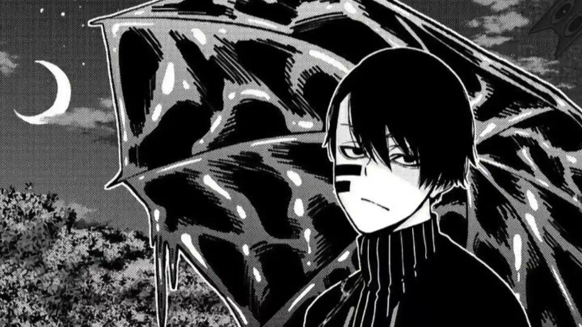 O professor Naito Mudano com seu guarda-chuva, com uma expressão calma e letal, em um guia sobre o personagem de Tougen Anki.