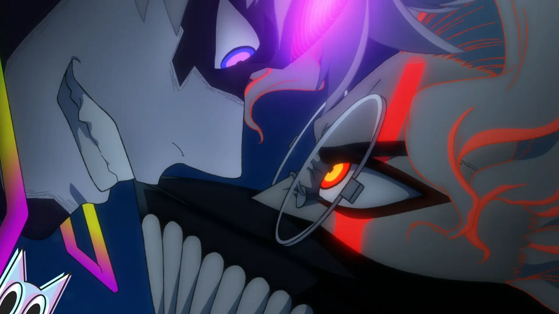 Okarun em sua forma yokai lutando encarando Jiji na sua forma Evil Eye, na análise do episódio 8 de Dan da dan.