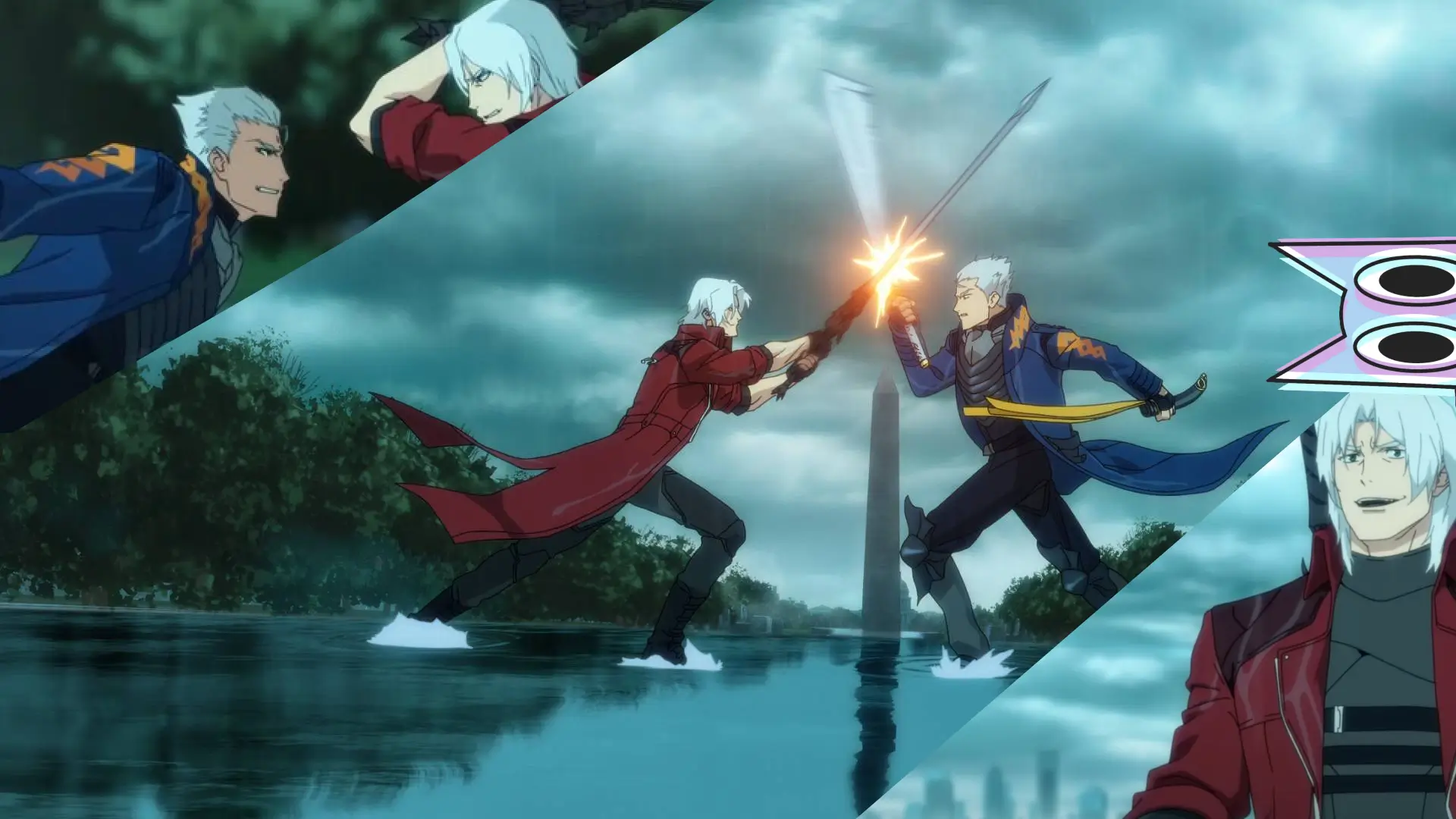 Dante em uma pose de ação estilosa, com suas pistolas Ebony & Ivory, no trailer do novo anime de Devil May Cry da Netflix.