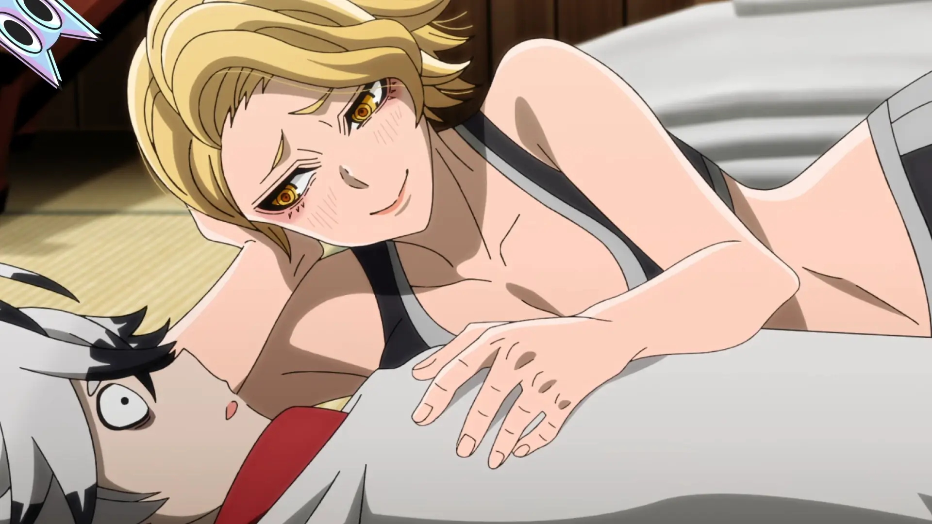 Kuina Sazanami deitada com Rokuro no meio do combate contra os Uglies na análise do episódio 7 de Tougen Anki.