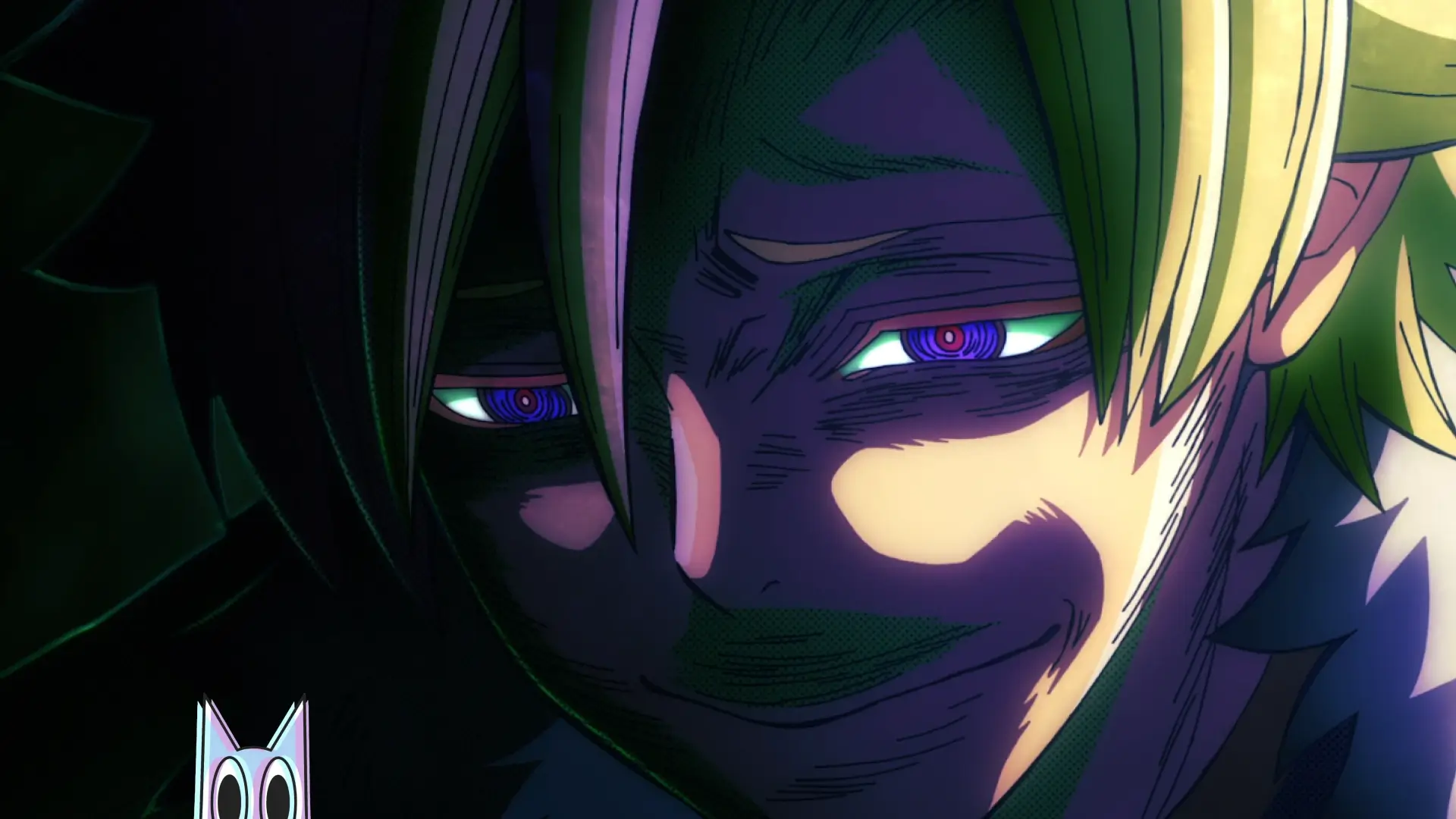 O vilão Tsubakiri Momomiya de Tougen Anki com um sorriso sádico, controlando cadáveres com suas bactérias negras.