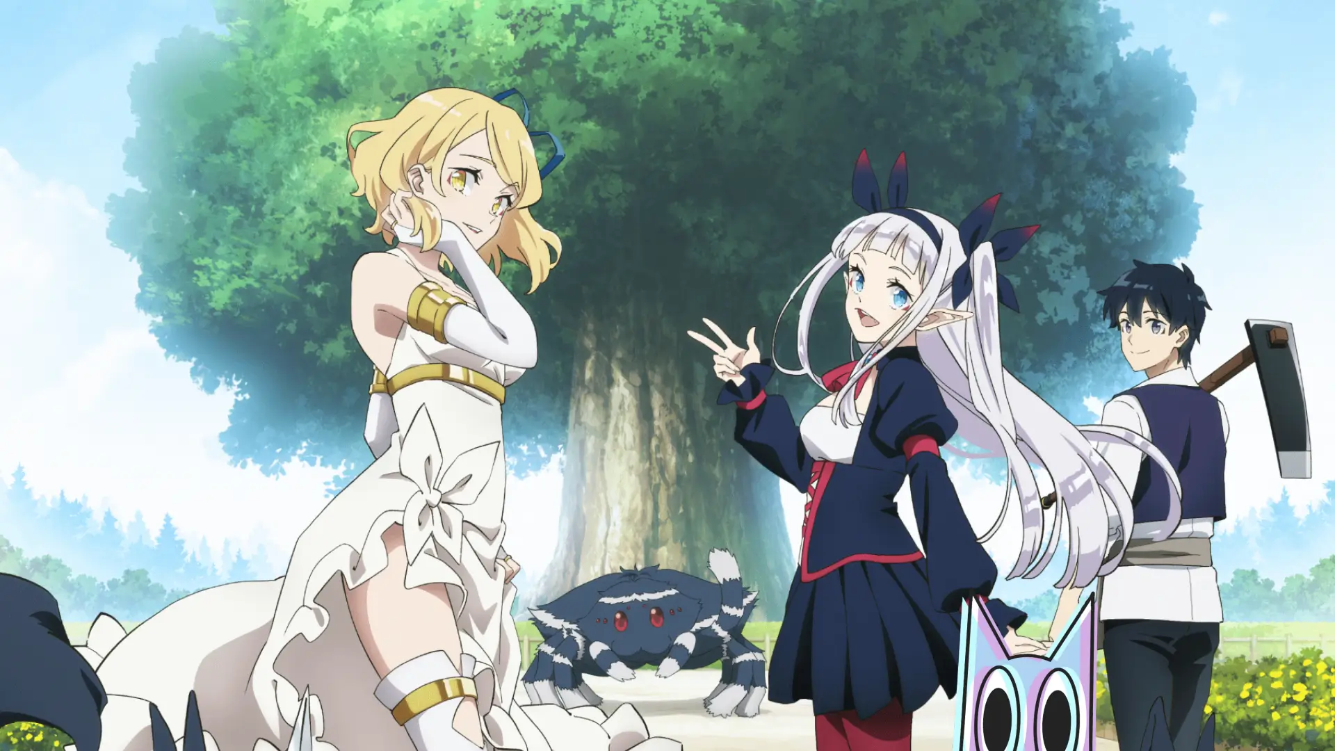 Hiraku e os habitantes da Vila da Grande Árvore reunidos em frente à sua fazenda, no pôster da 2ª temporada de Farming Life in Another World.