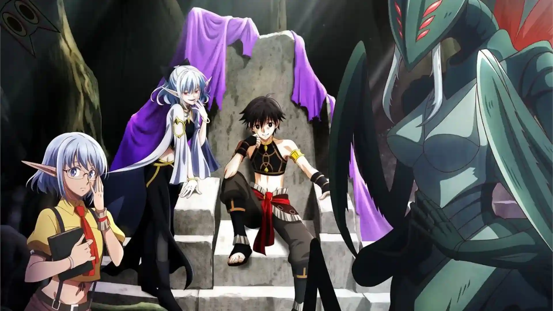 Montagem com os principais personagens de Apocalypse Bringer Mynoghra, incluindo Takuto, Atou, as gêmeas e a sacerdotisa Soalina.