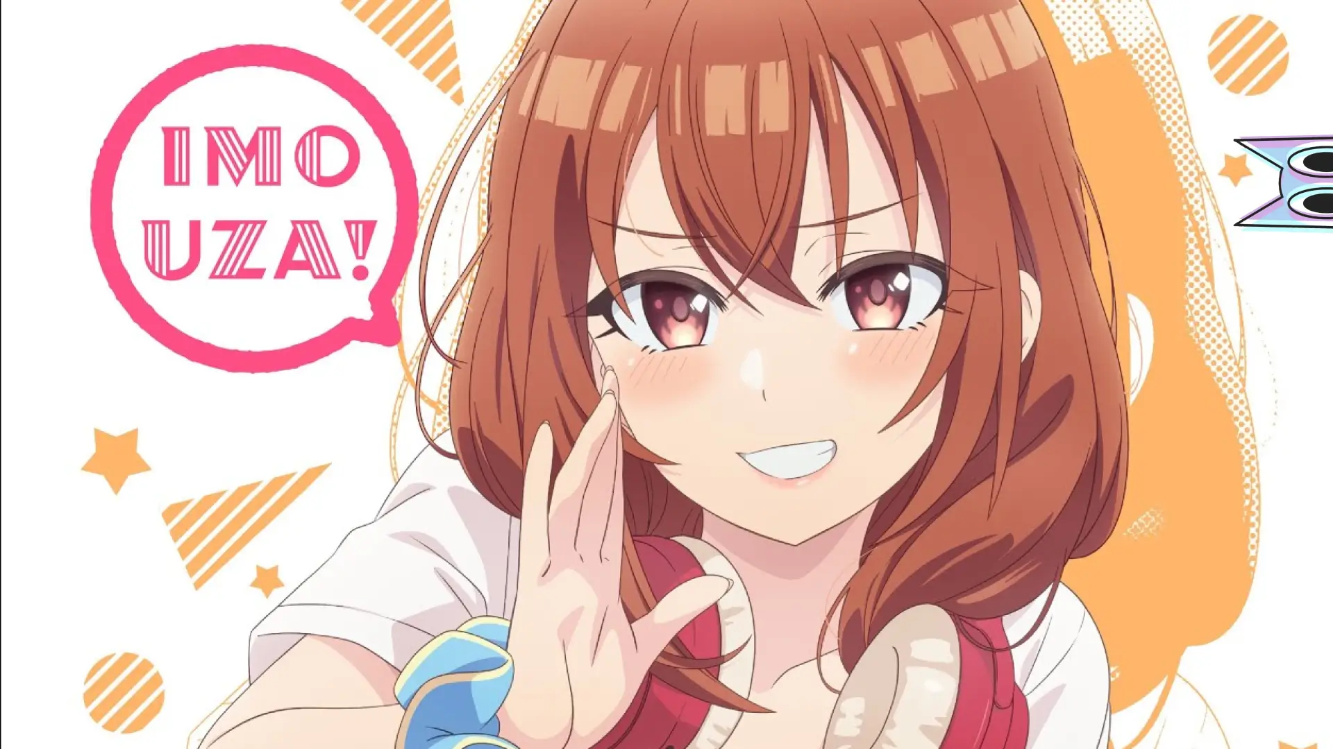 O elenco principal de My Friend's Little Sister Has It In for Me! em destaque no pôster do anime.