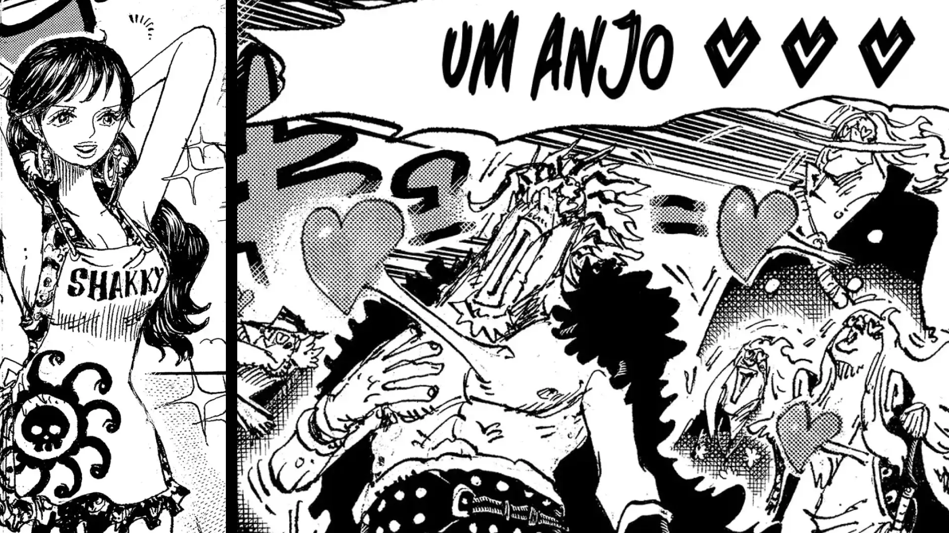 Piratas Rockos apaixonados por shakky, na edição 1157, simbolizando a pausa do capítulo 1158.