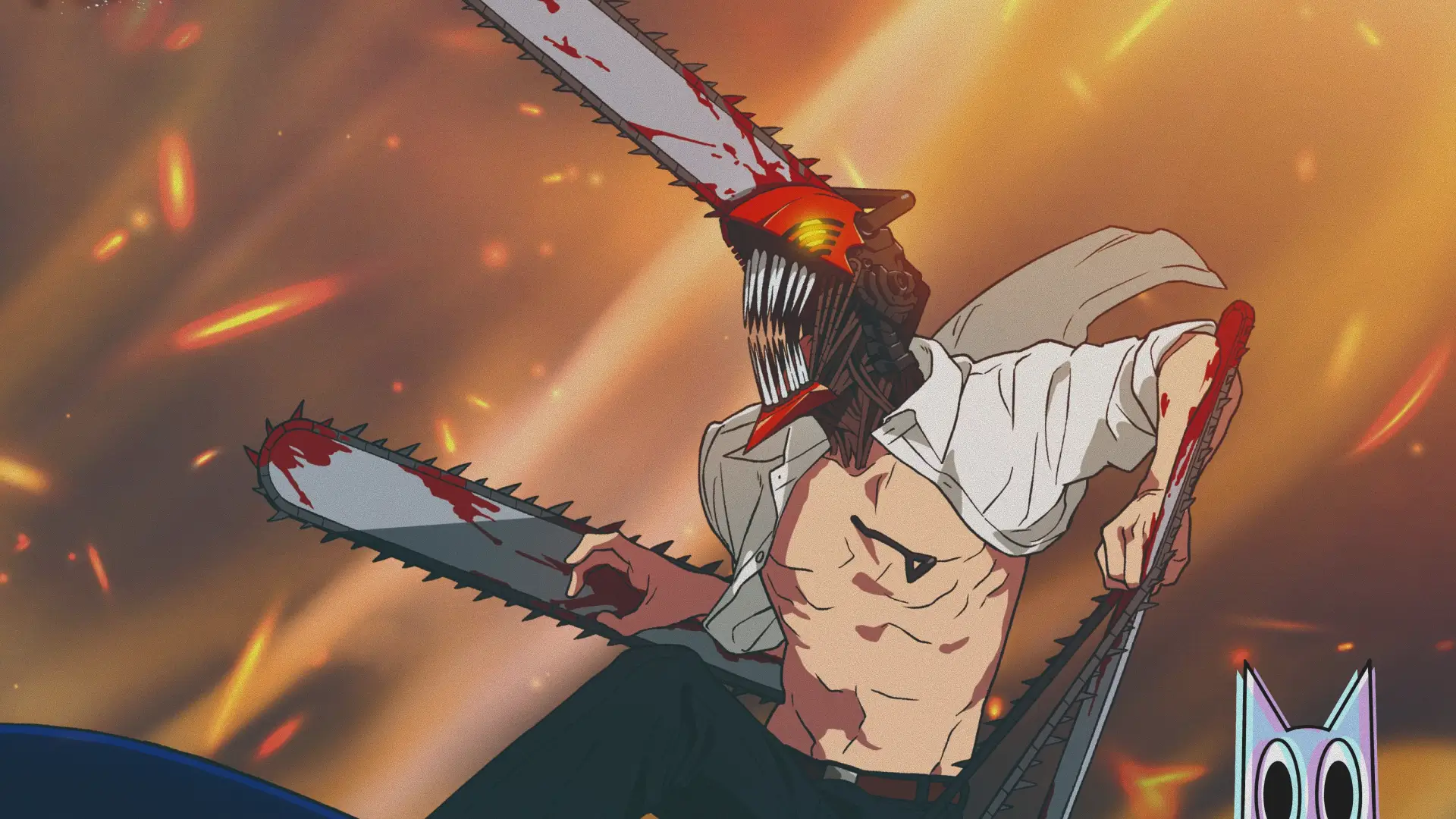 Denji, Power e Aki em destaque na arte oficial dos filmes compilatórios da 1ª temporada de Chainsaw Man.