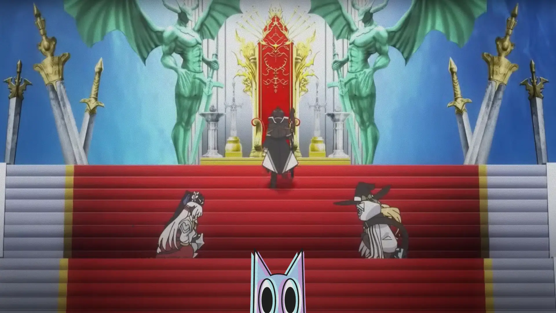 O protagonista Light em um momento de sorte no gacha, cercado por seus companheiros de harém, no trailer do anime.