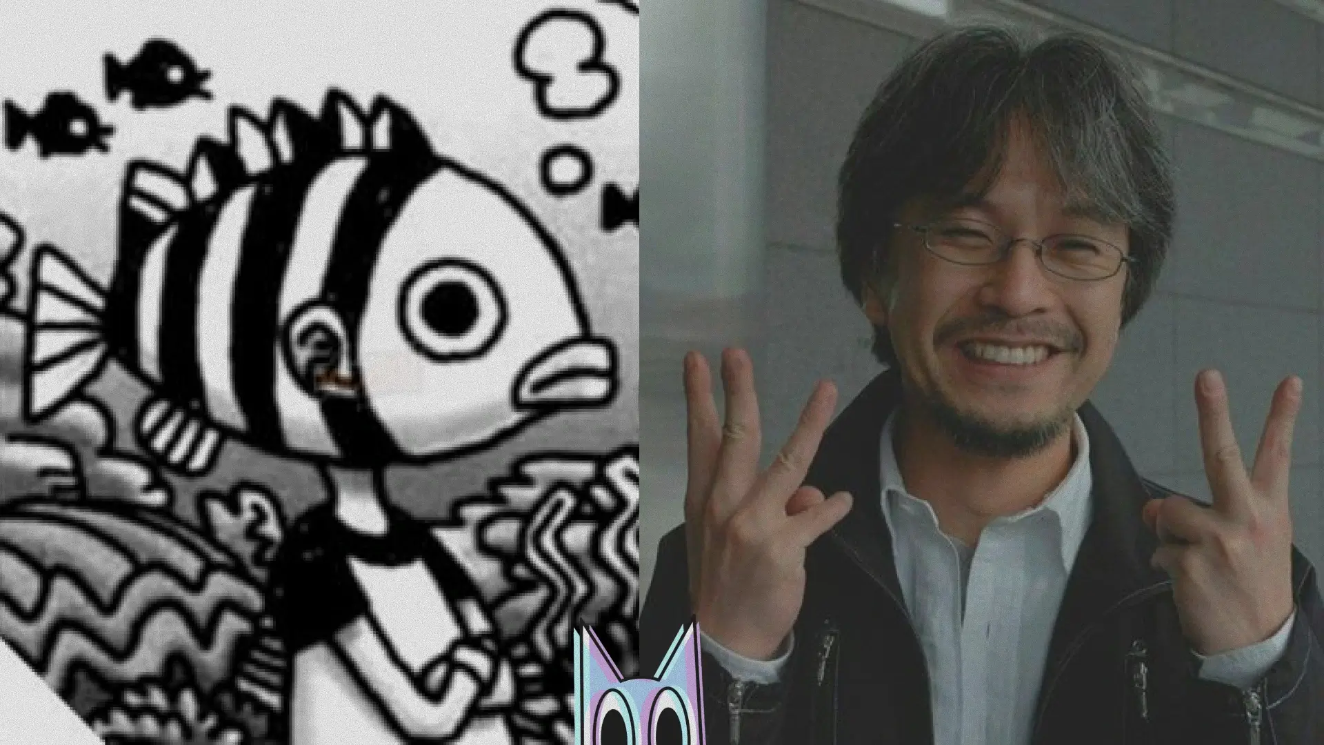 Montagem com foto e desenho do autor de One Piece, Eiichiro Oda,