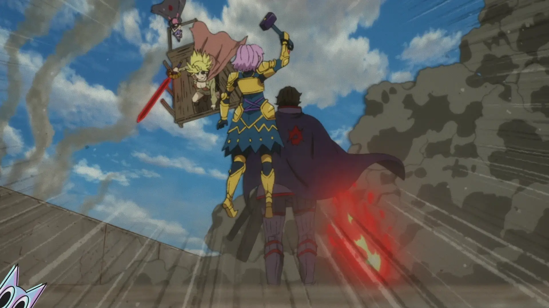 Alicia caindo da carroça voadora para atacar Drel que segurava a princesa Toara, na análise do episódio 9 de Clevatess.