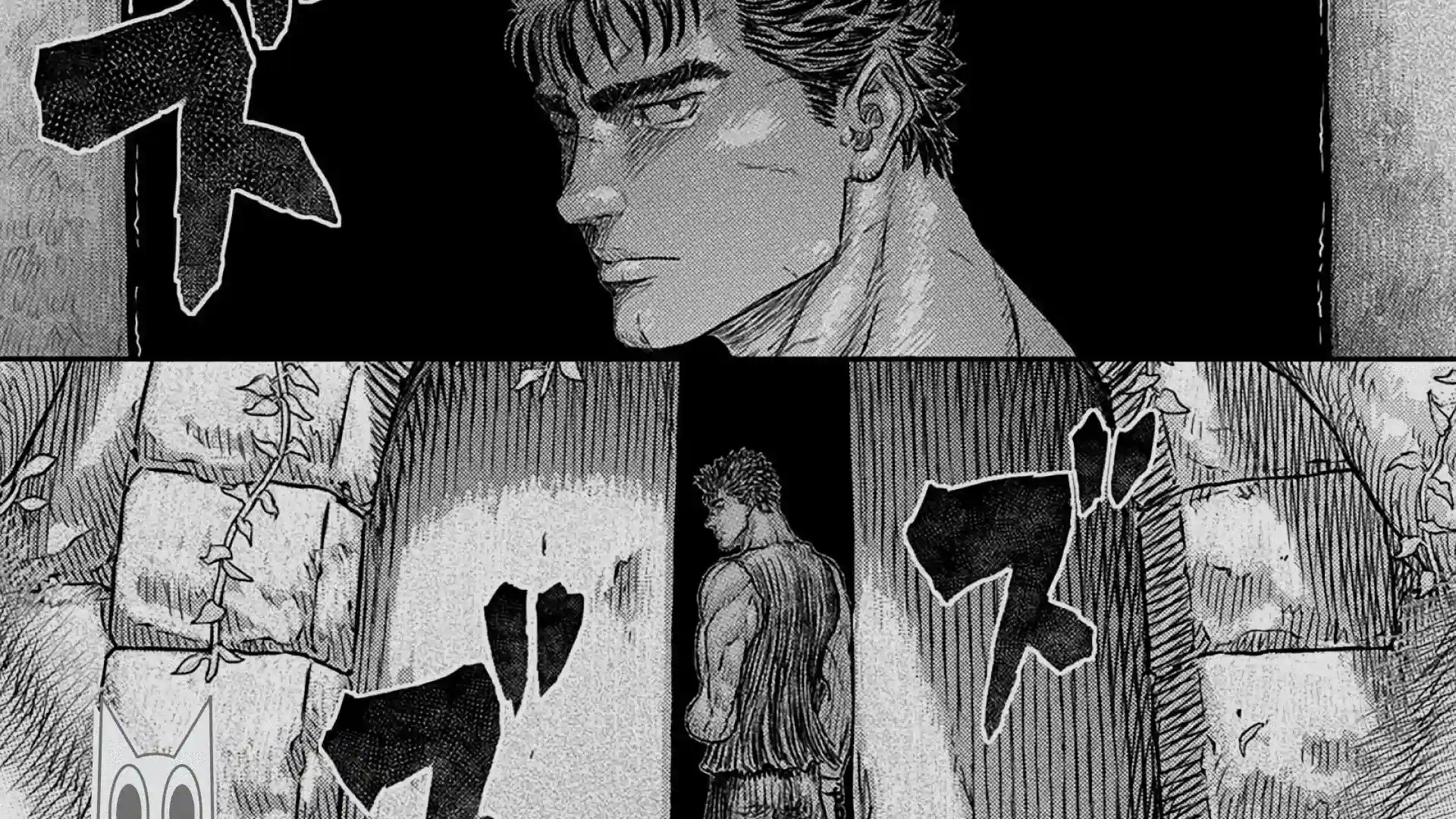 Guts adentrando a escuridão no capítulo 382, ilustrando a promessa de um novo evento como o Eclipse.