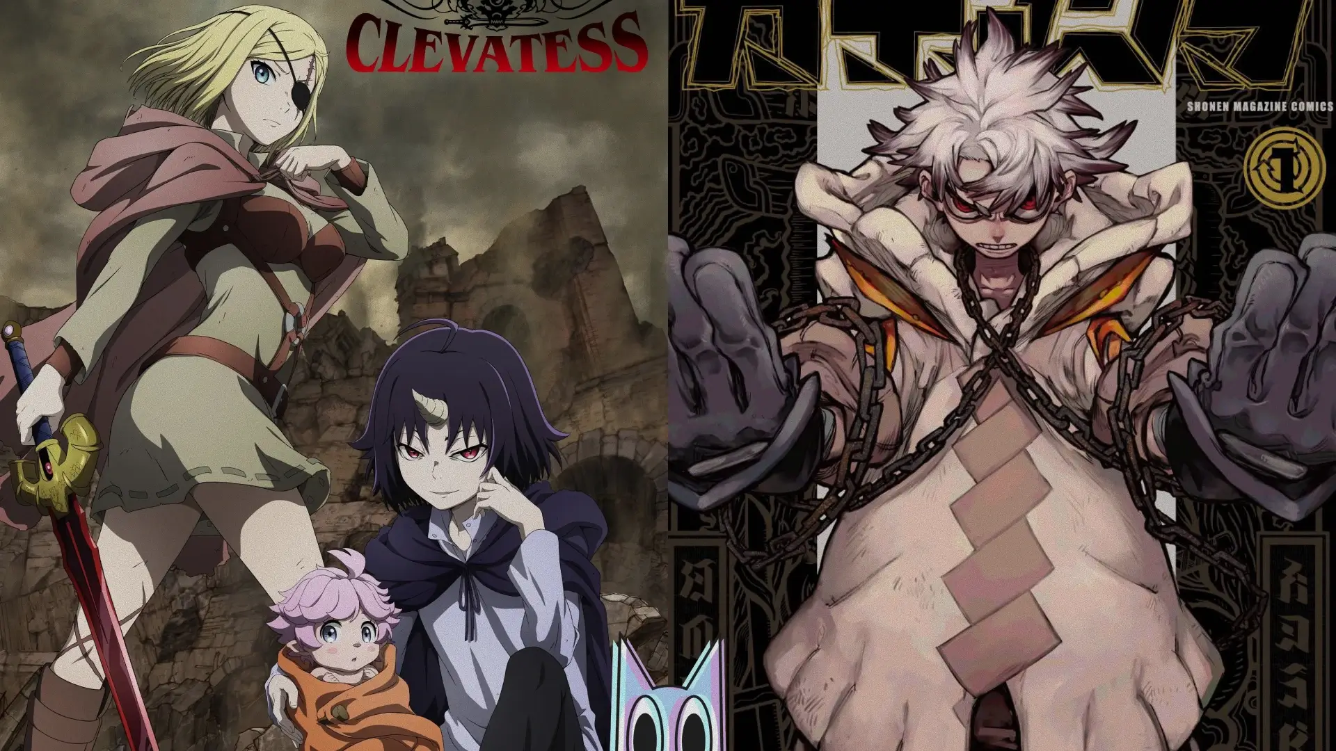 Montagem com os pôsteres de Clevatess e Gachiakuta para assistir na reta final de Setembro de 2025, incluindo One Piece e Dandadan.