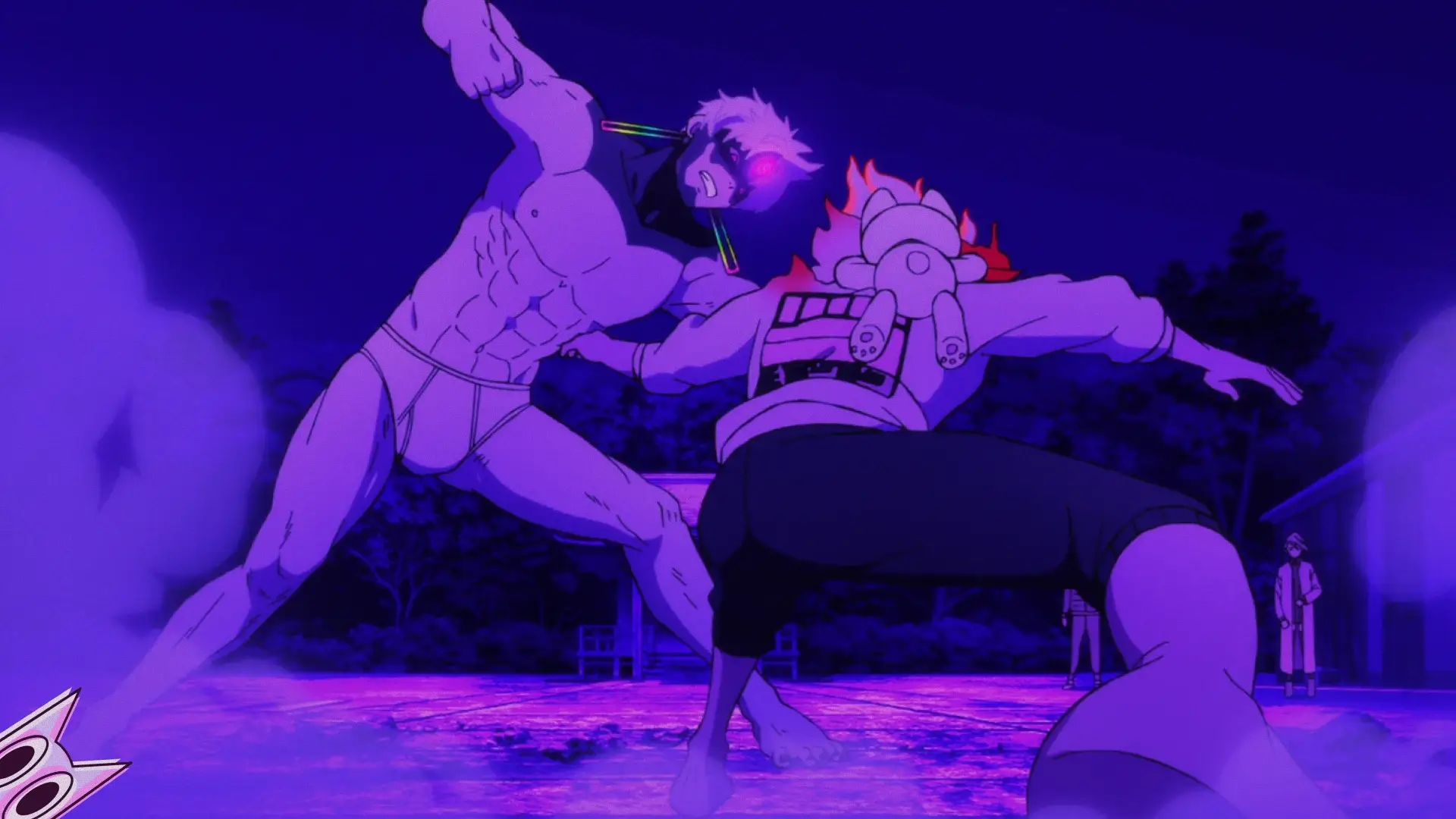 O grupo de Dan da dan reunido em frente à casa reconstruída, em uma cena da análise do episódio 9 da 2ª temporada.