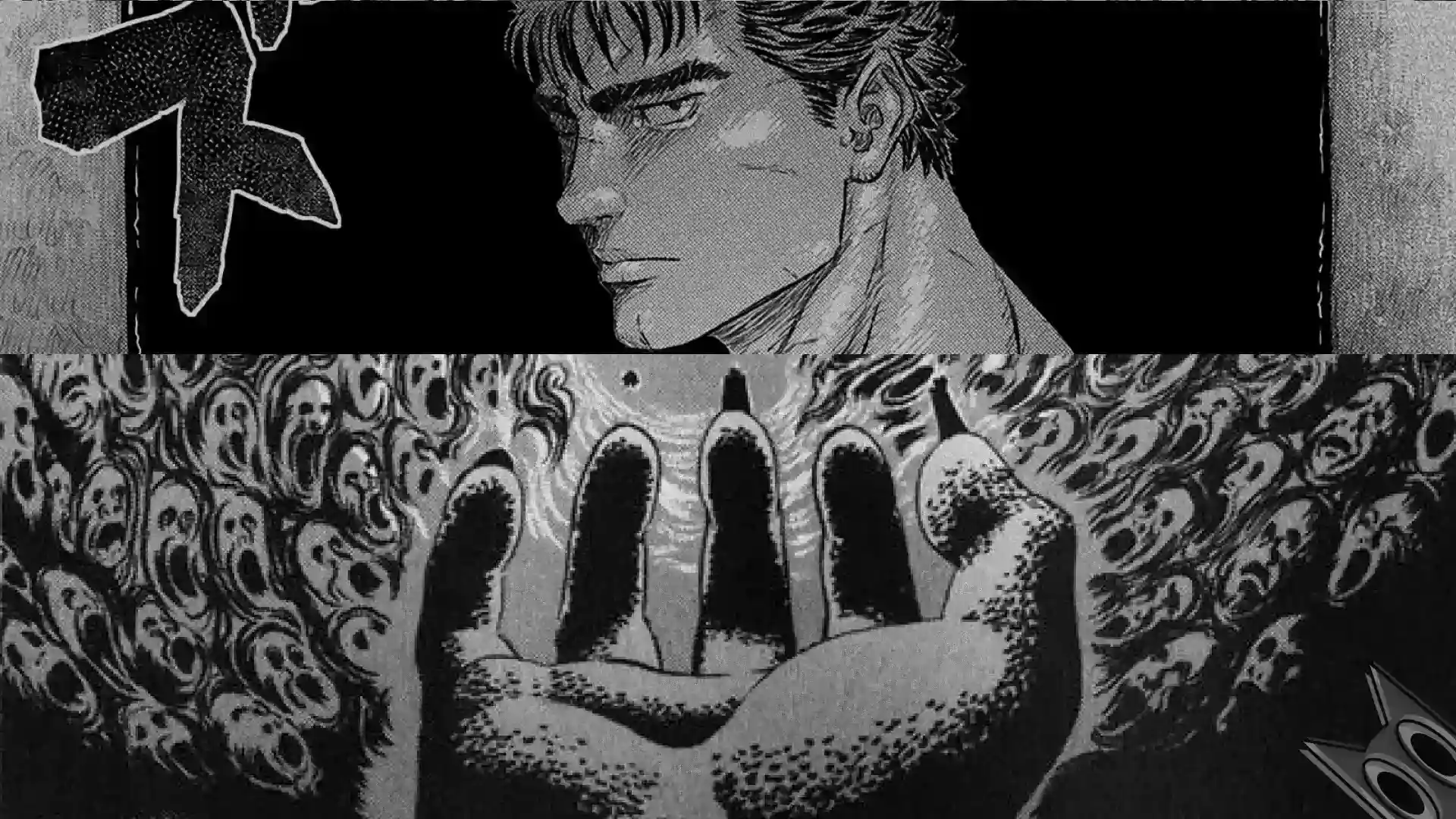 Montagem com Guts e a mão de Deus, simbolizando os maiores mistérios de Berserk