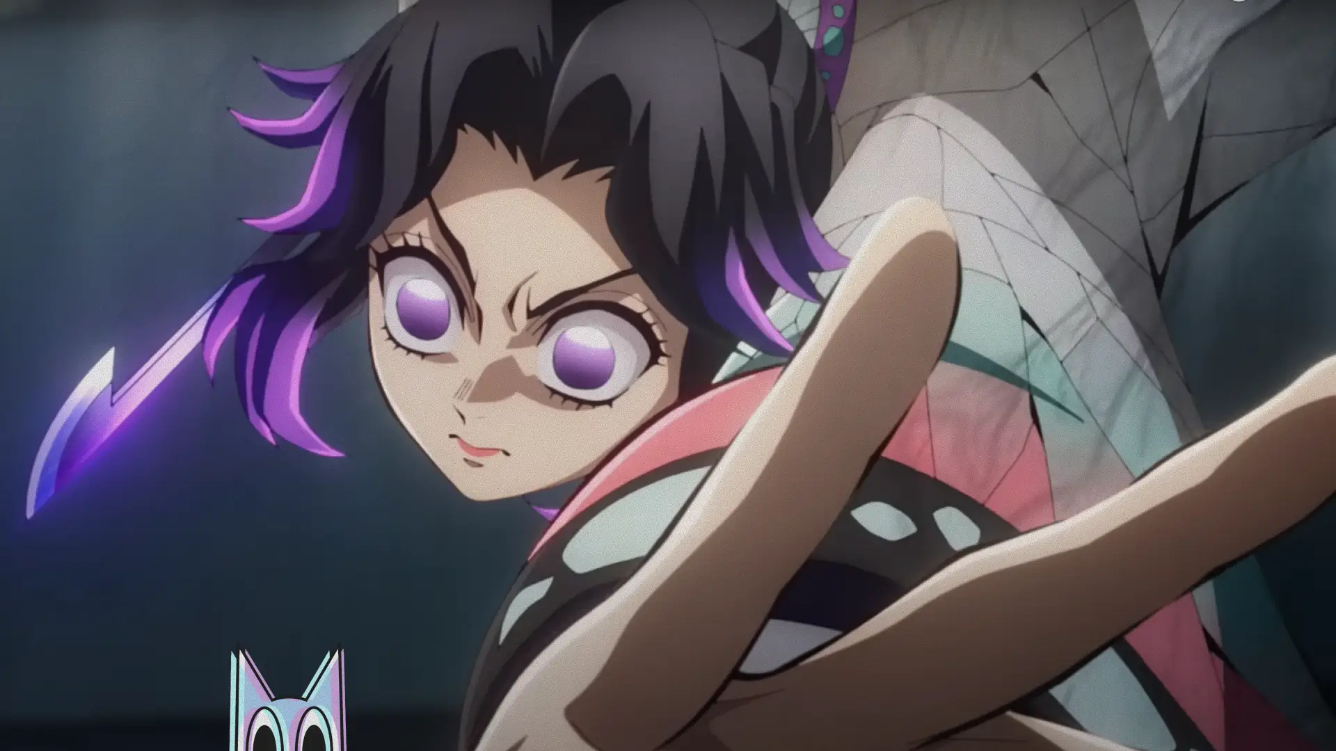 Shinobu Kocho desferindo um ataque veloz contra Doma, em uma cena do novo teaser do filme de Demon Slayer: Arco do Castelo Infinito.