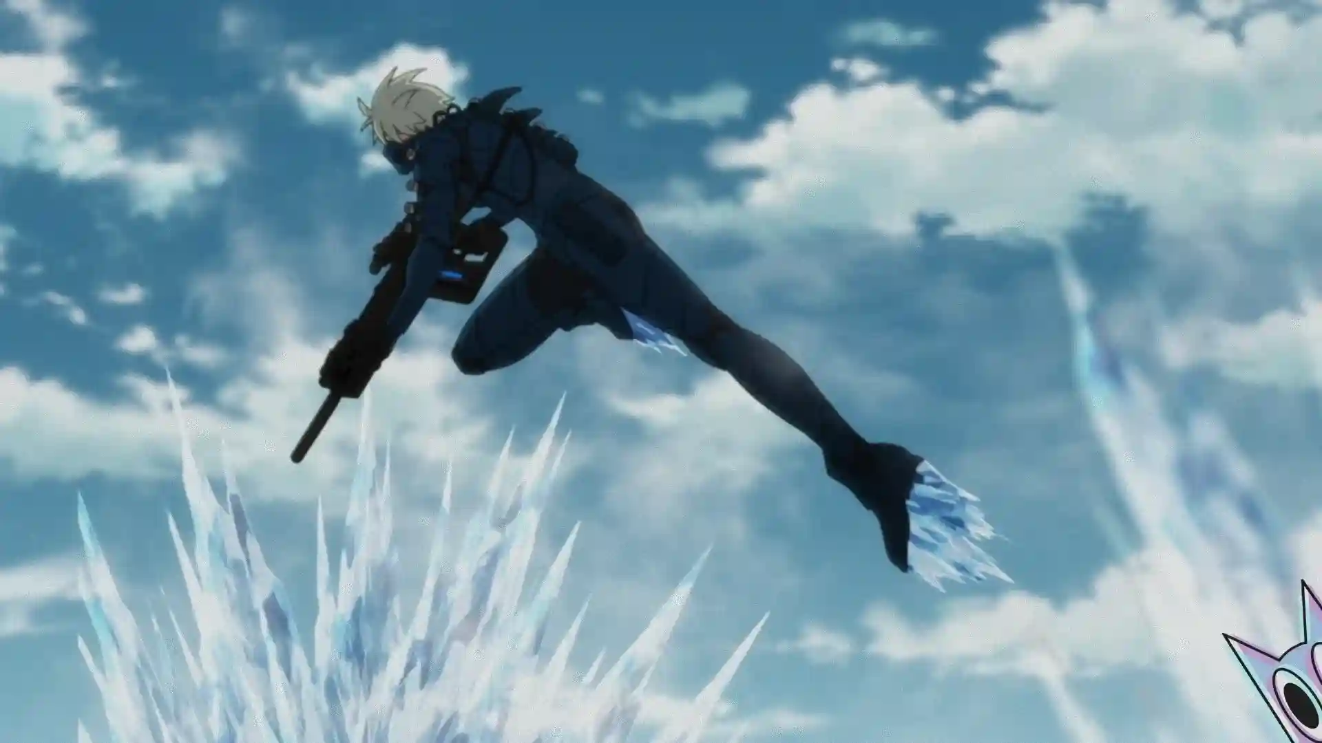 Reno Ichikawa com a armadura da Arma No. 6 ativada, liberando poderes de gelo, na análise do episódio 7 de Kaiju No. 8.