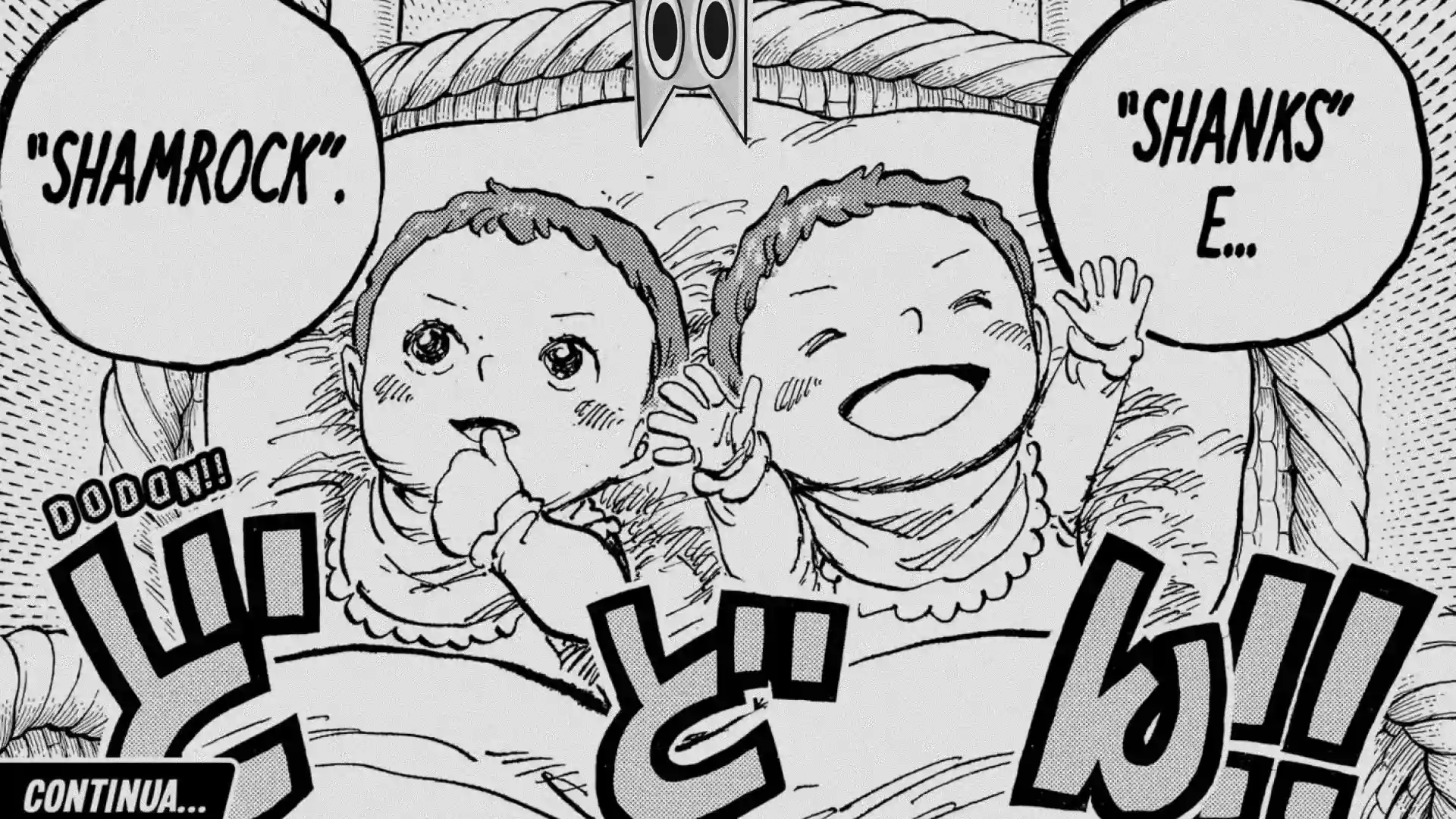 Imagem do bebê Shanks e seu irmão Shamrock em God Valley, na análise do capítulo 1158 de One Piece.