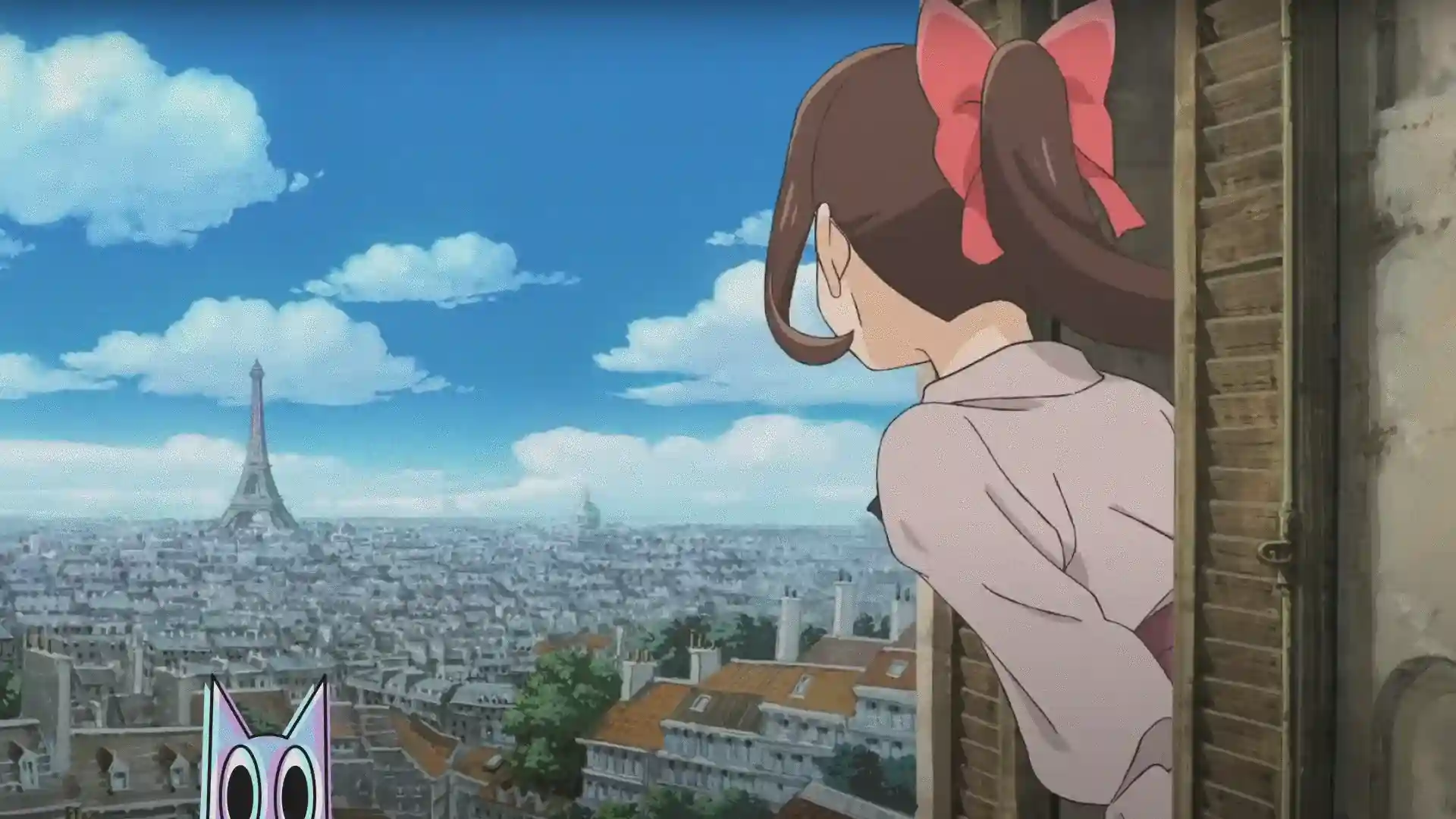 A protagonista de Paris ni Saku em uma pose de balé, com a cidade de Paris ao fundo, no pôster do novo filme de Goro Taniguchi.