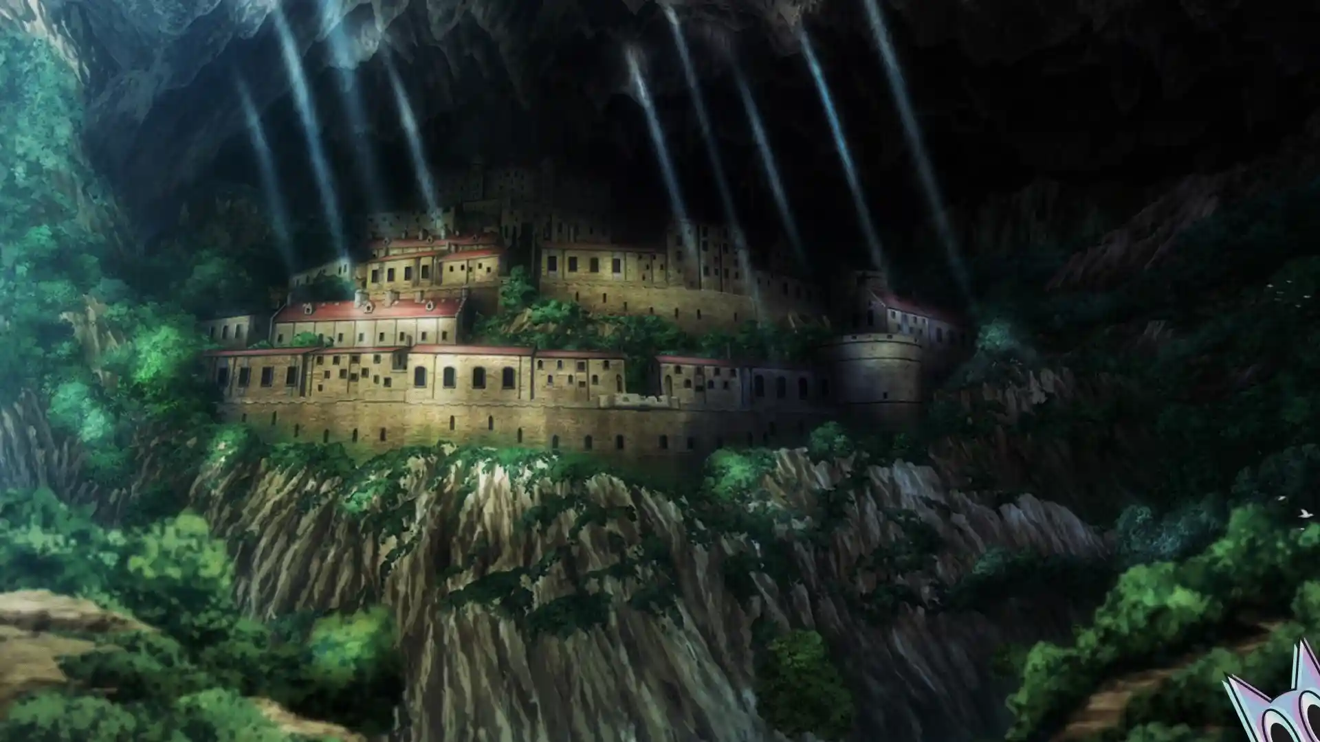 Vista do campus da Academia Rasetsu, com seu castelo principal em destaque, em um guia sobre a escola de Oni de Tougen Anki.