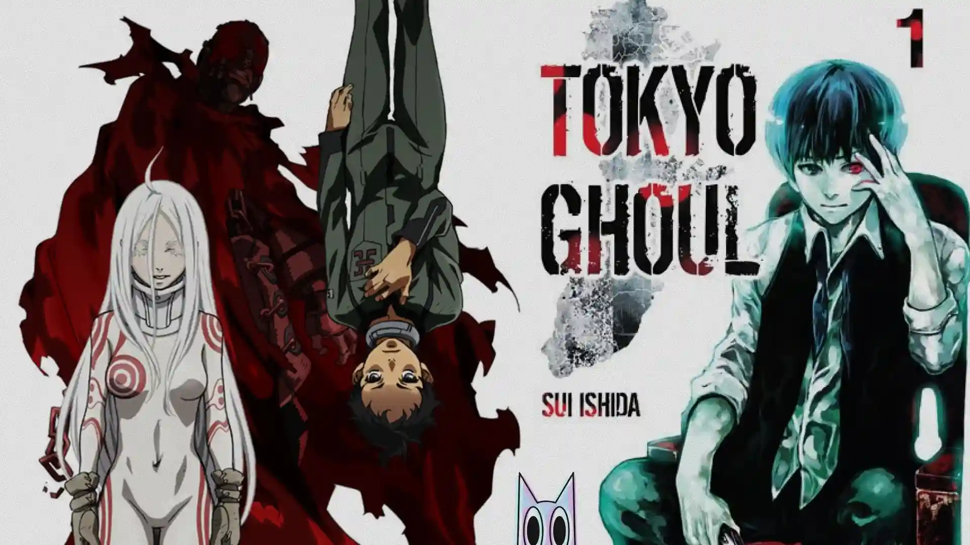 Montagem com os protagonistas dos animes da lista de ação sombria, como Ganta e Shiro de Deadman Wonderland e Kaneki de Tokyo Ghoul.