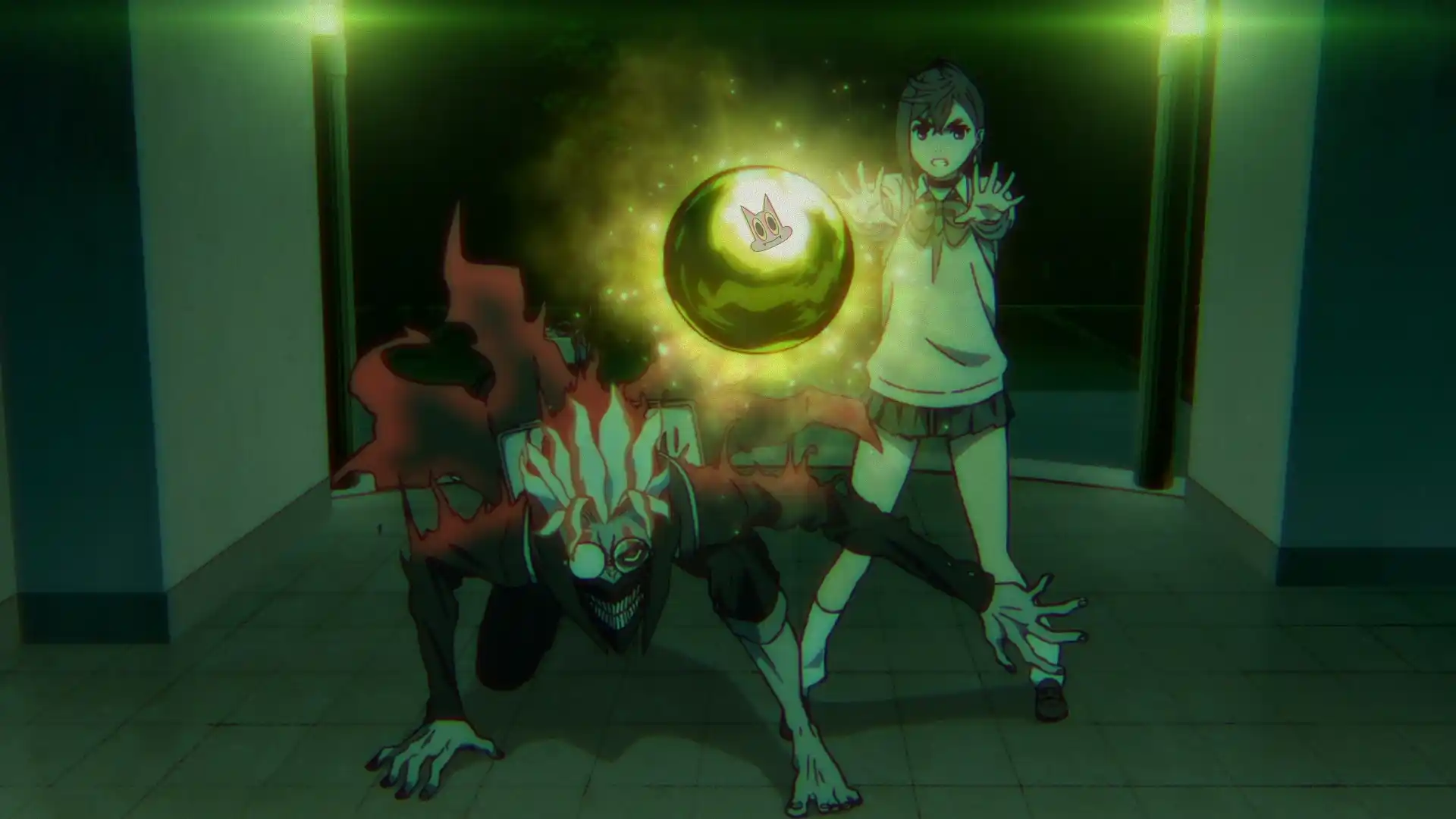 Momo e Okarun, enfrentando uma ameaça em busca da bola esfera dourada, na análise do episódio 10 da 2ª temporada de Dandadan.