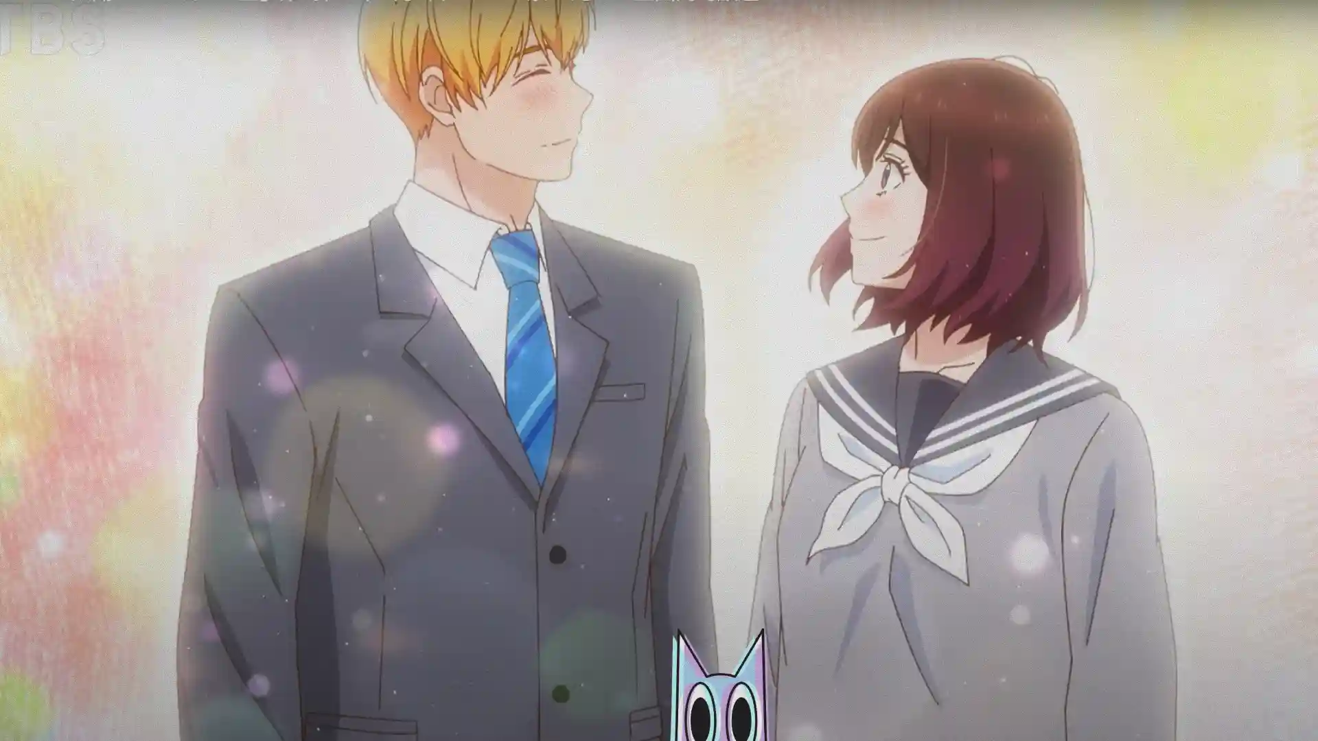 Os protagonistas Satsuki e Iori em um momento romântico no pôster do anime Taiyou Yori mo Mabushii Hoshi.