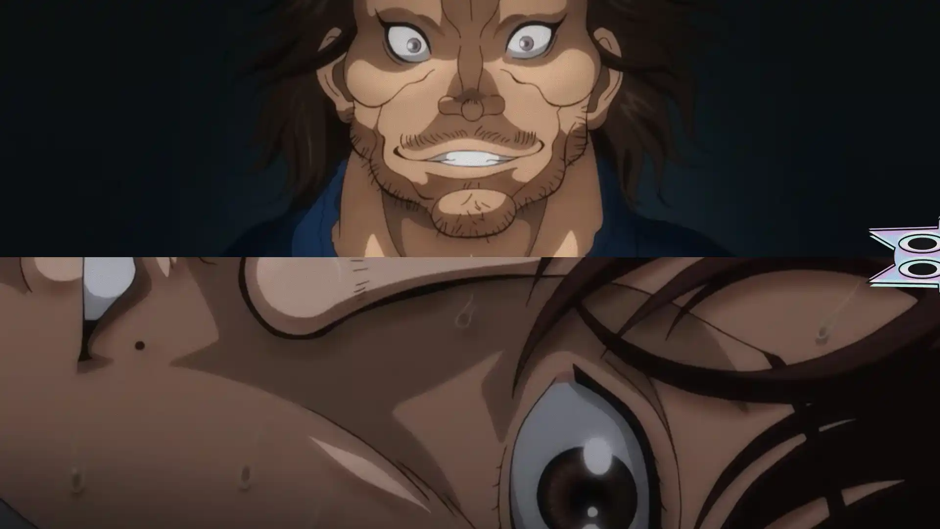 Baki Hanma e o lendário espadachim Miyamoto Musashi em destaque no pôster de anúncio do anime BAKI-DOU.