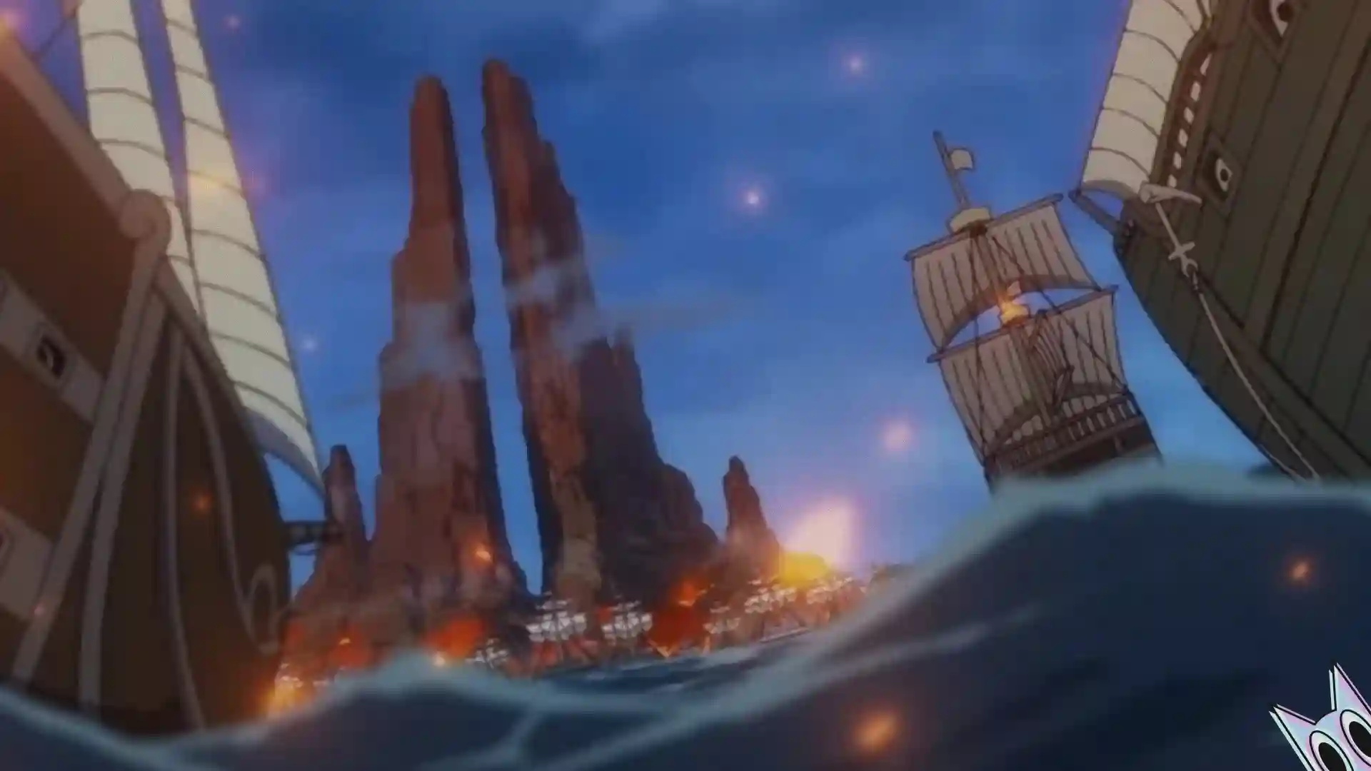 Roger e Garp lutando juntos contra Rocks D. Xebec, na ilha de God Valley, em um guia sobre o incidente histórico de One Piece.