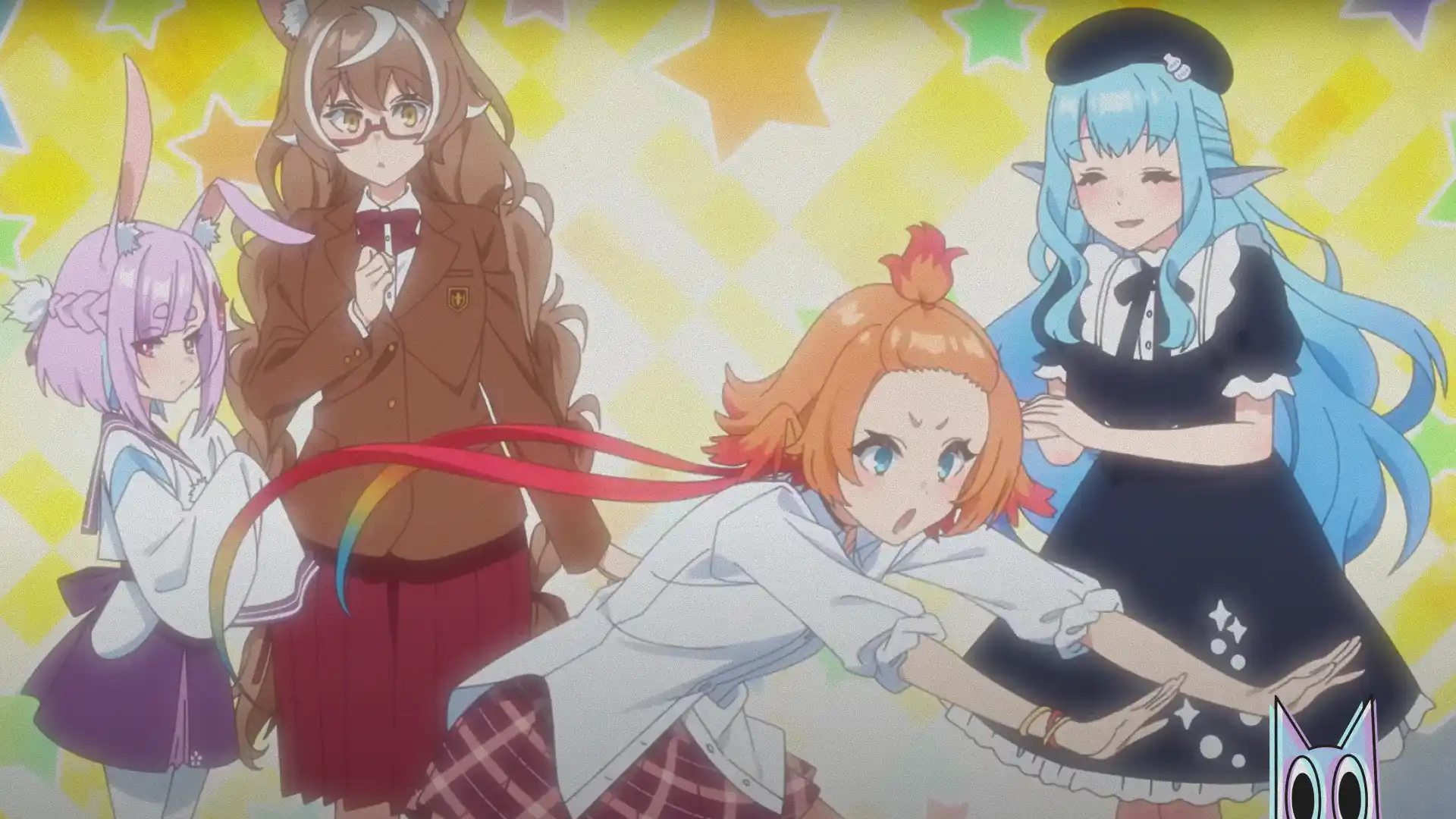 O professor misantropo cercado por suas alunas demi-humanas, em destaque no pôster do anime A Misanthrope Teaches a Class for Demi-Humans.