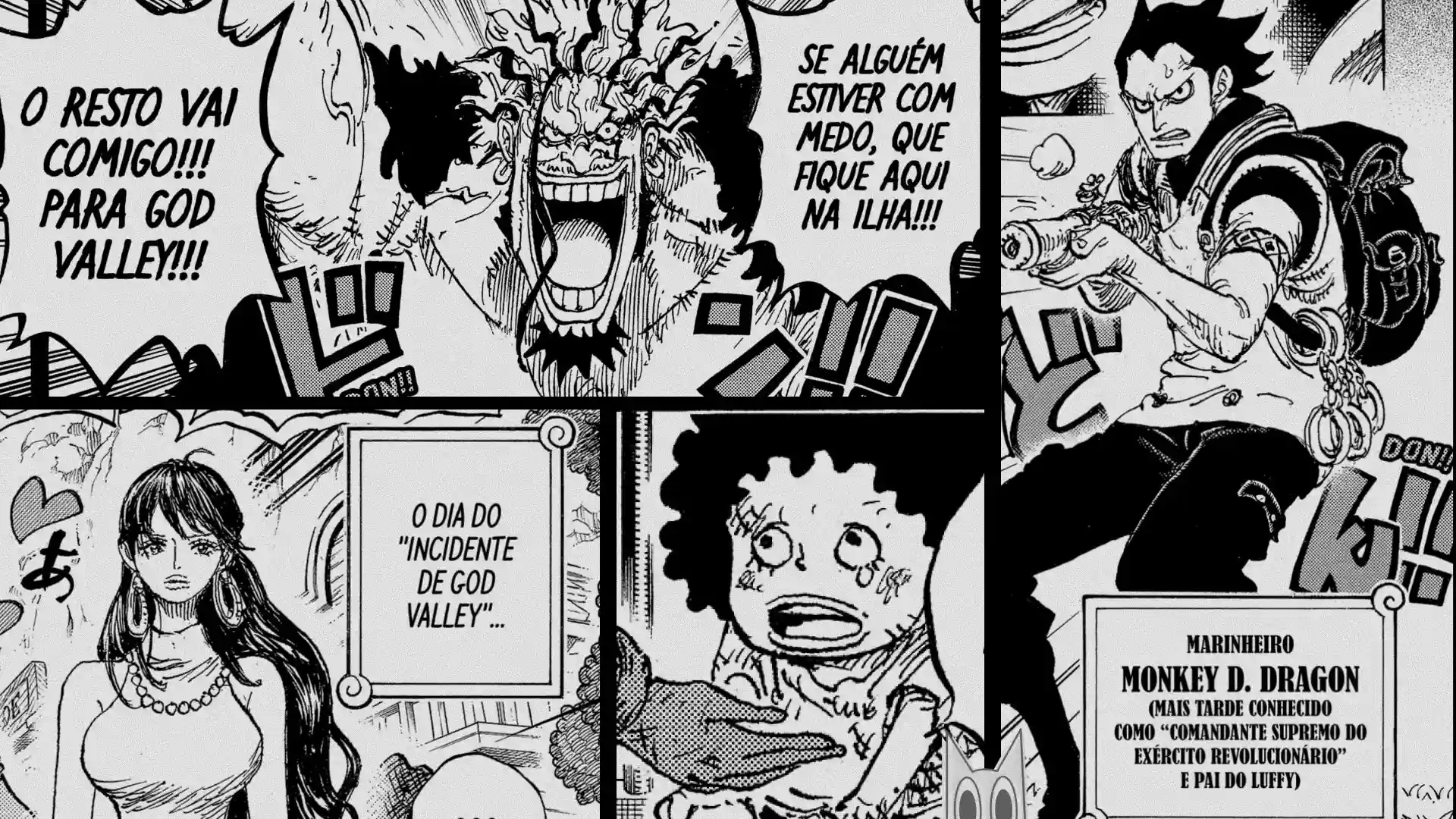Montagem chocante com o jovem Monkey D. Dragon em uniforme da Marinha, Rocks D. Xebec, Shakky e Teach criança, no capítulo 1159 de One Piece.