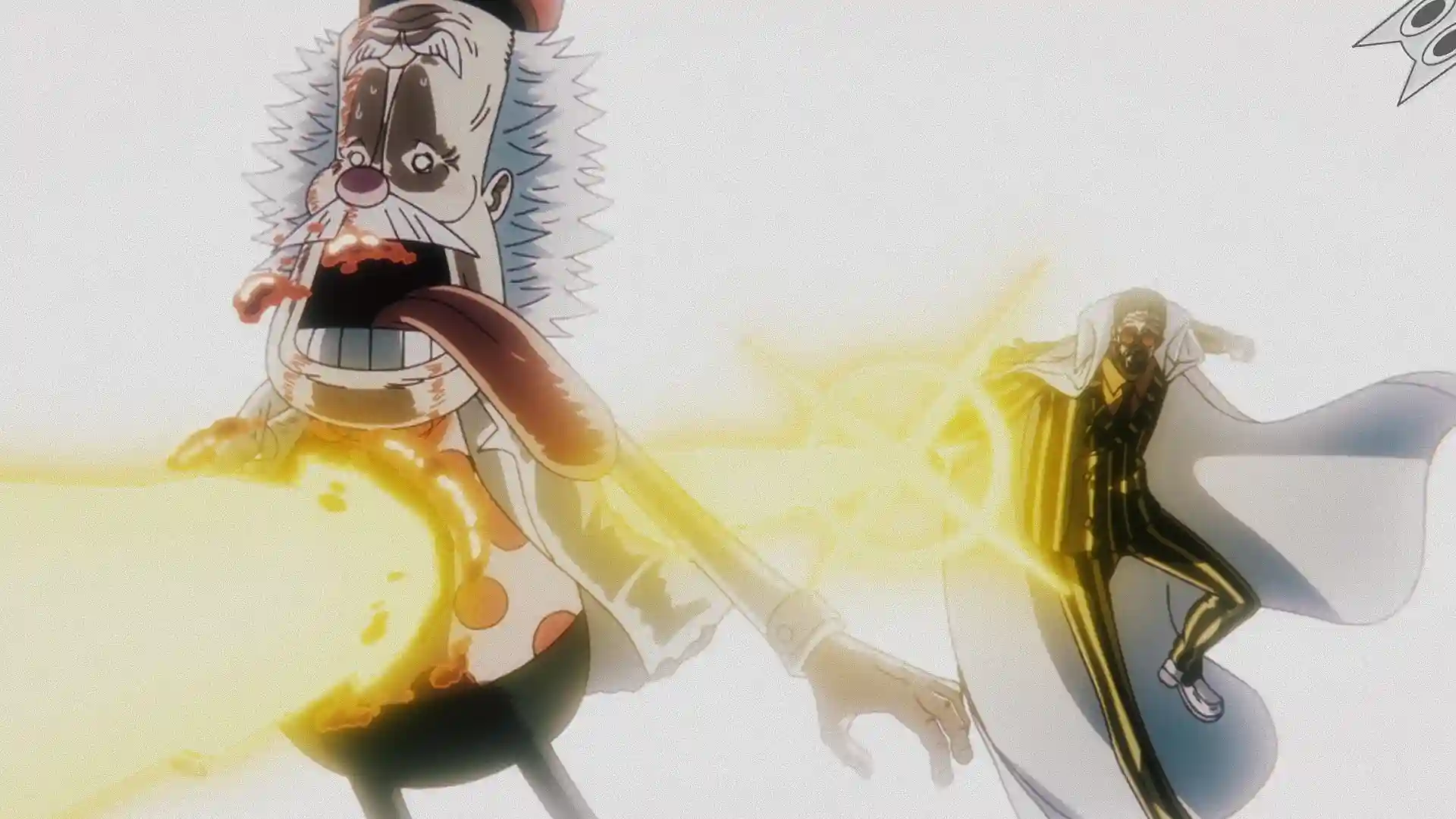 Kizaru desferindo um golpe fatal que atravessa o peito de Vegapunk, na análise do episódio 1142 de One Piece.