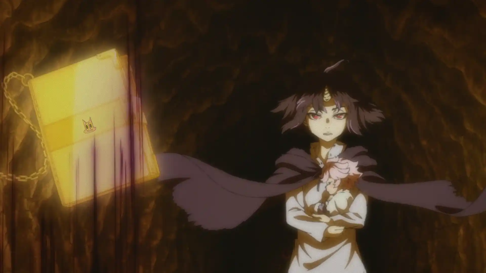 Clevatess em um momento de crise existencial, questionando seu propósito, enquanto segura Luna e olha para o livro de Toah, na análise do episódio 11 de Clevatess.