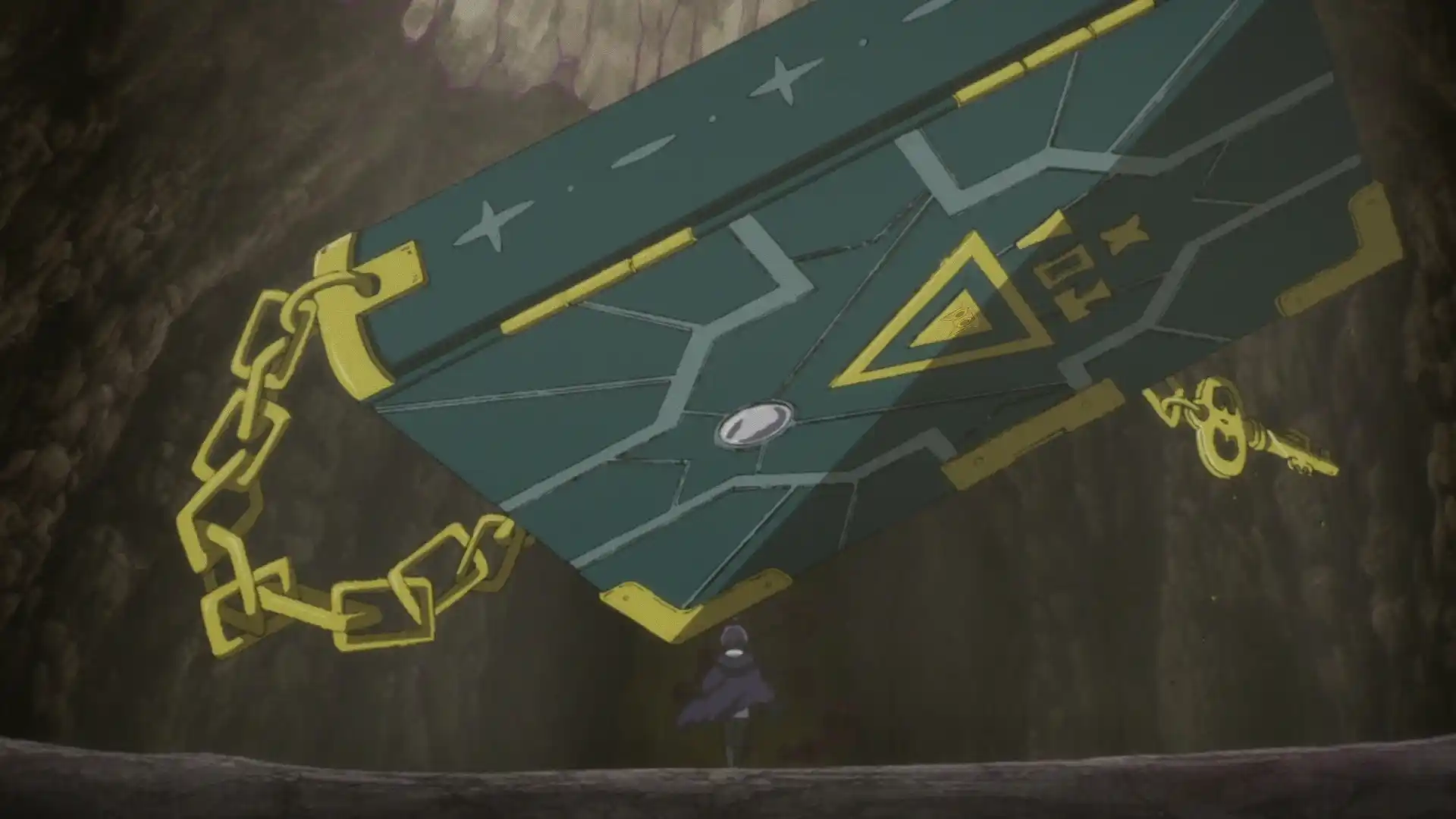 O misterioso Livro de Toah brilhando, com Clevatess ao fundo dando as costas ao livro, em um guia de lore sobre o artefato de Clevatess.