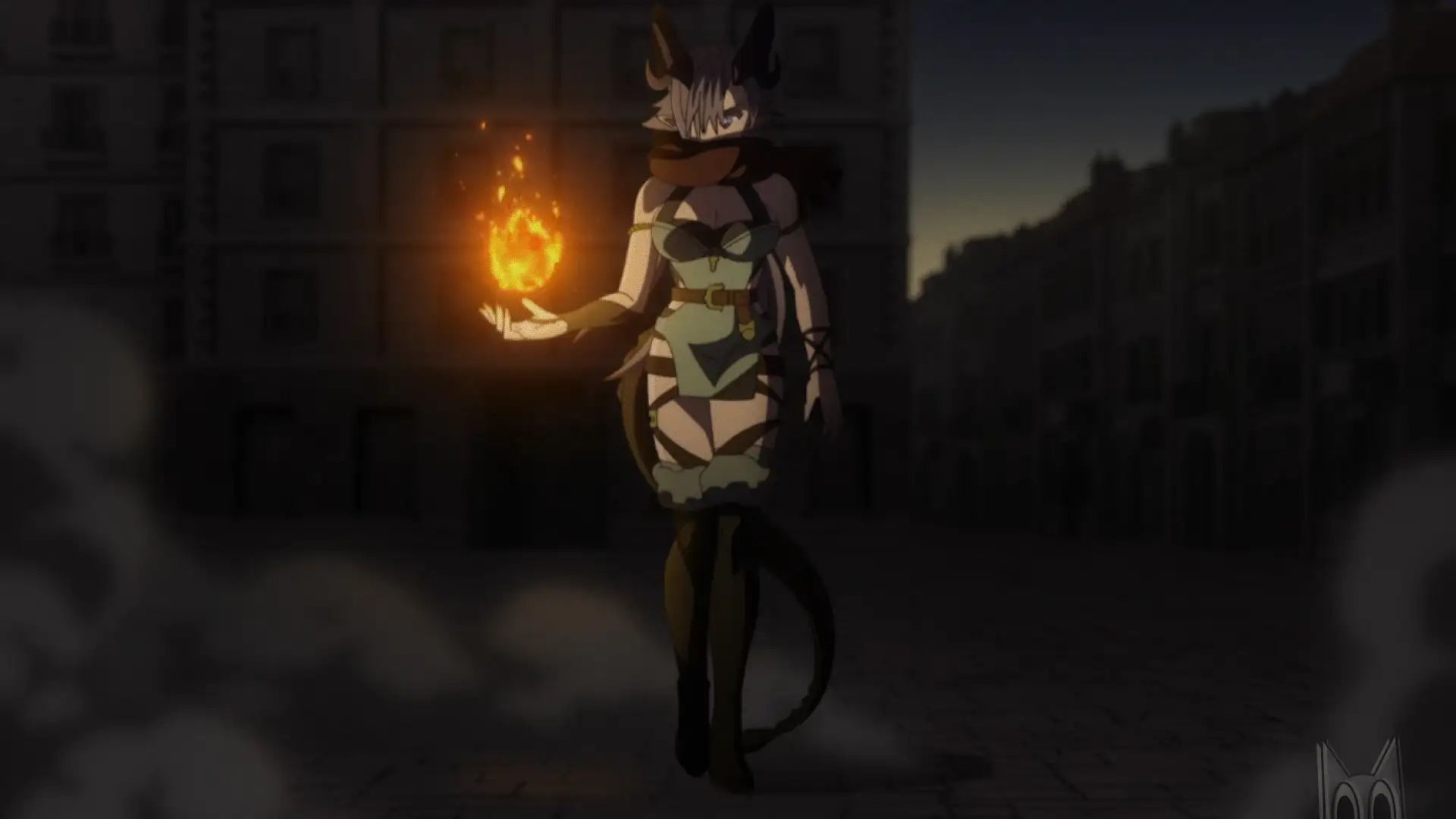 A demônio Leonore com seus chifres e um sorriso sádico, manipulando chamas, em um guia sobre a vilã de The Water Magician.